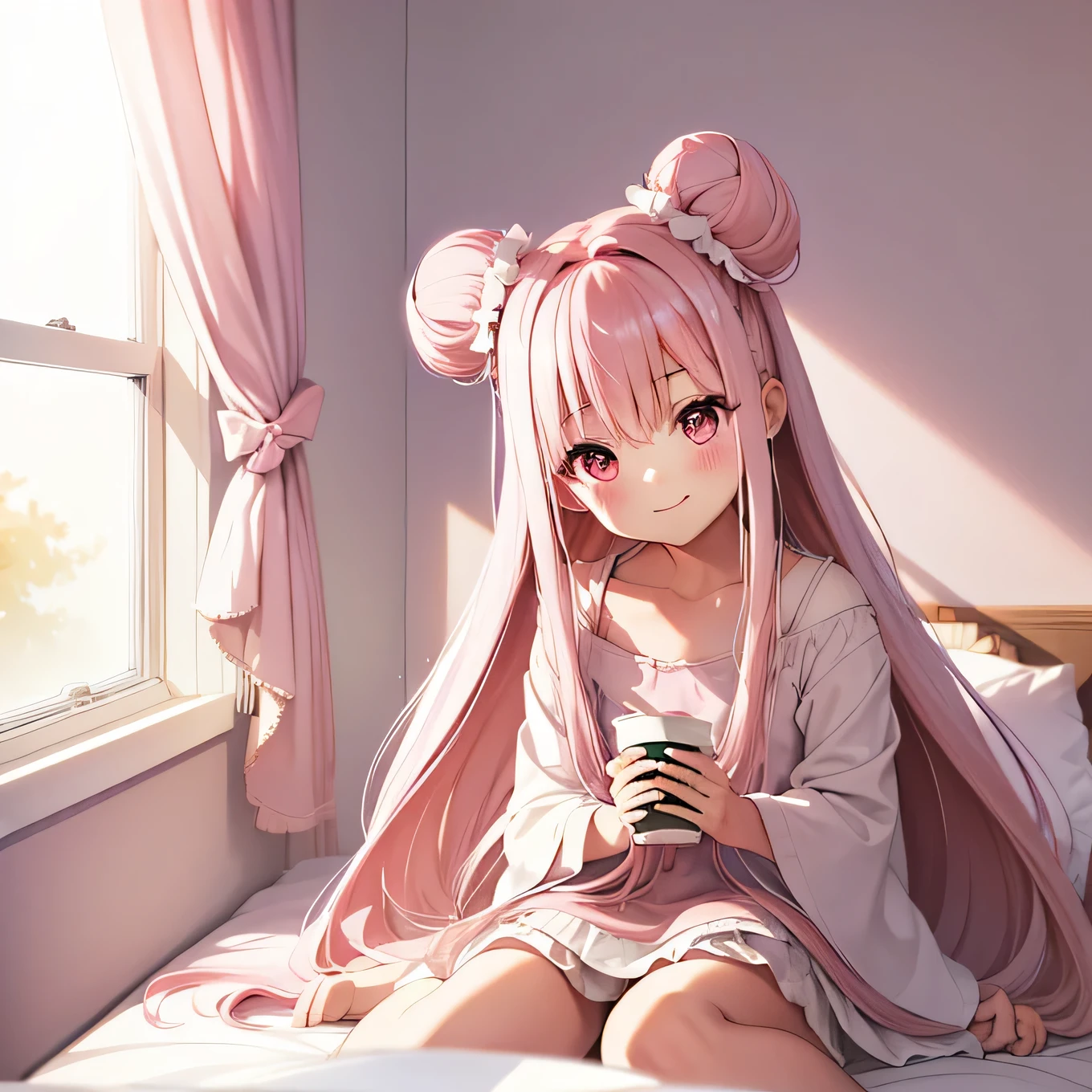 Colorful sketch style. Small room, Pale pink wallpaper,A woman sits on bed and drinks coffee. The sun's rays wake up the room through a small window above the bed. As many details as possible,(Hair Ribbon:0.4), Pink Eyes,Cinematic Angles,perspective,(((White bun hair))),(((Long pink hair))),whole body,smile,Watching the audience,