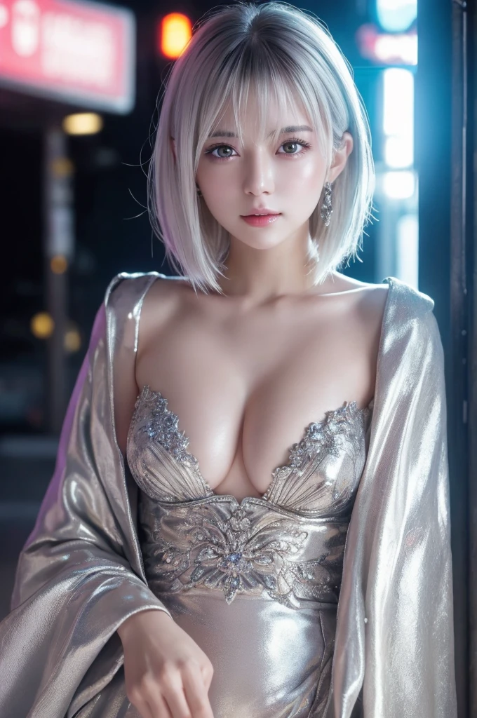 highest quality、8k Masterpiece、超A high resolution、(Photorealistic:1.3)、RAW Photos、1 girl、Silvery white hair、Glowing Skin、1. Super-beautiful Cyberpunk Soldiers、((Ultra-Realistic Details))、Portrait、Global Illumination、Shadow、Octane Rendering、8k、Super sharp、Beautiful breasts、Metal、Cold colors、、Very intricate details、Realistic Light、CGSoation Trend、Beautiful Eyes、Shining Eyes、To the camera、Neon Details、２０age、Very Short Hair、Too beautiful face、Intelligence、Obscene、