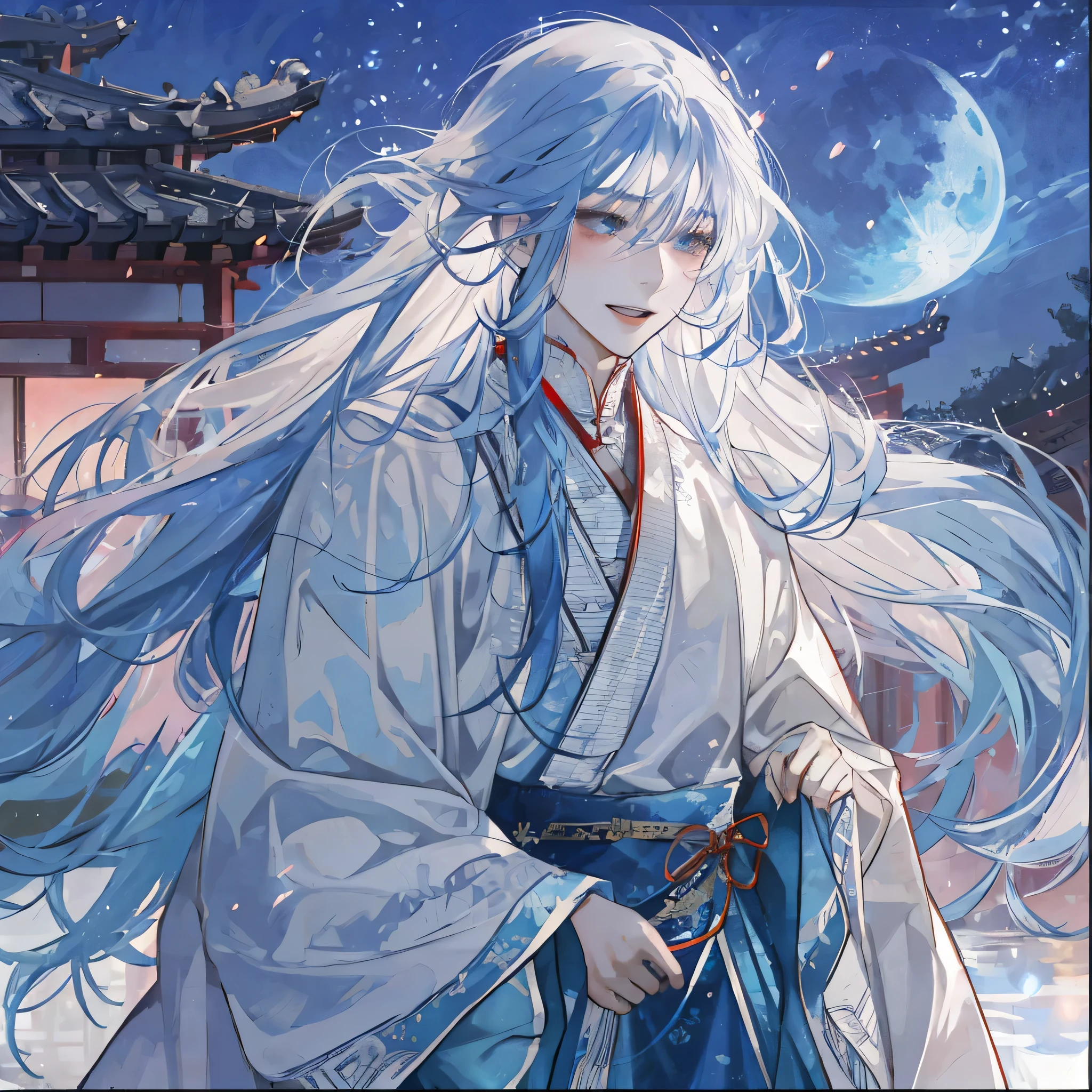 Male,male,White Robe、Long gradient blue hair、long flowing hair,wide sleeve robe,Ancient Wind,Plain clothes,There is no pattern on the clothes,Laughing,Soft Lighting,water ink,Behind it is the full moon,Low Saturation,Low contrast,LED floodlight