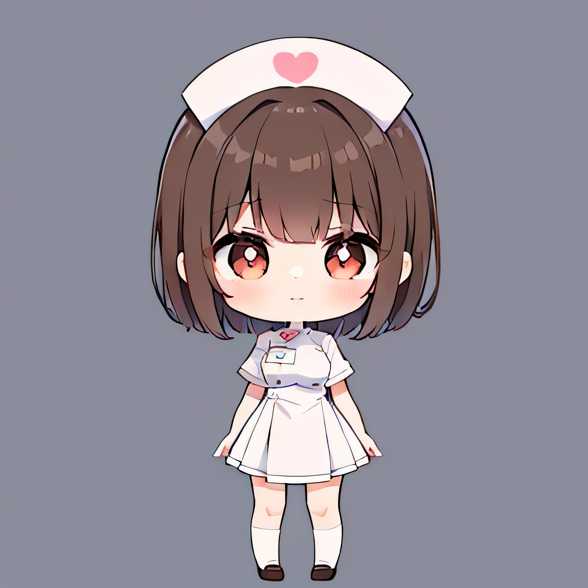 (a very cute and beautiful chibi anime girl), best quality, ultra detailed, 1girl, solo, standing, brown hair, short hair, brown eyes, bangs, medium breasts, ((is wearing white nurse uniform)), stare, white loafer, heart-shaped pupils, looking at viewer, simple flat background