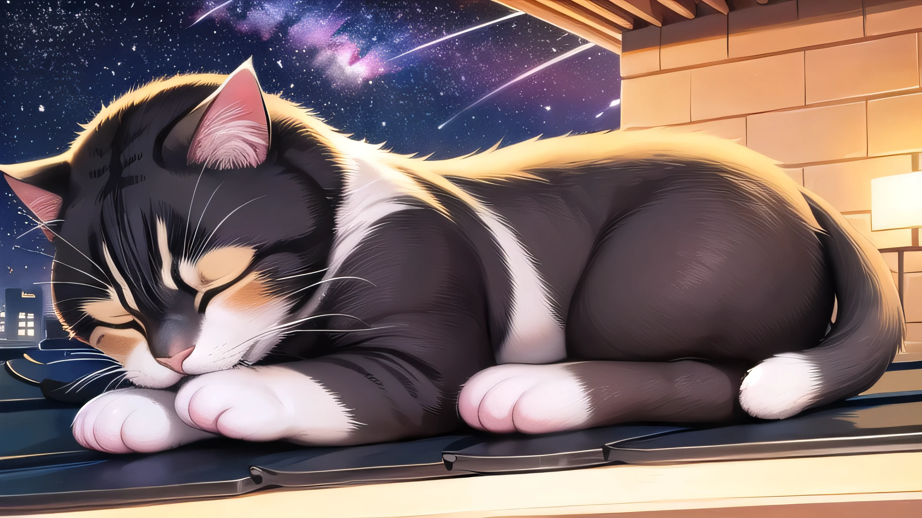 Cute cat sleeping on the roof of a building、Warm lighting、Outside, the starry night sky、Make the cat bigger