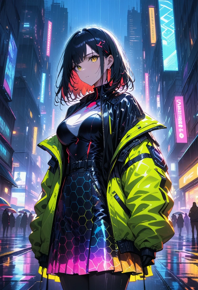 night, Colorful cyberpunk city background, rain, street, very long hair, black hair, dark blue inner hair, red bangs, yellow bangs, shining eyes, large breasts, colorful jacket, futuristic jacket, (hexagon-pattern skirt:1.5), stern expression, black, backlight, glow, Find an audience, low angle shot, Looking up at the camera, perfect composition, Perfect light and shadow, 8K