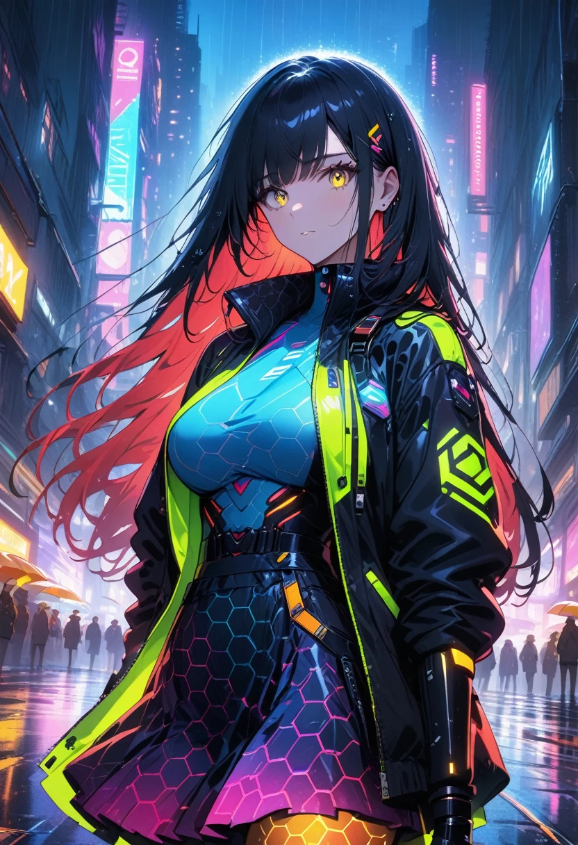 night, Colorful cyberpunk city background, rain, street, very long hair, black hair, dark blue inner hair, red bangs, yellow bangs, shining eyes, large breasts, colorful jacket, futuristic jacket, (hexagon-pattern skirt:1.5), stern expression, black, backlight, glow, Find an audience, low angle shot, Looking up at the camera, perfect composition, Perfect light and shadow, 8K
