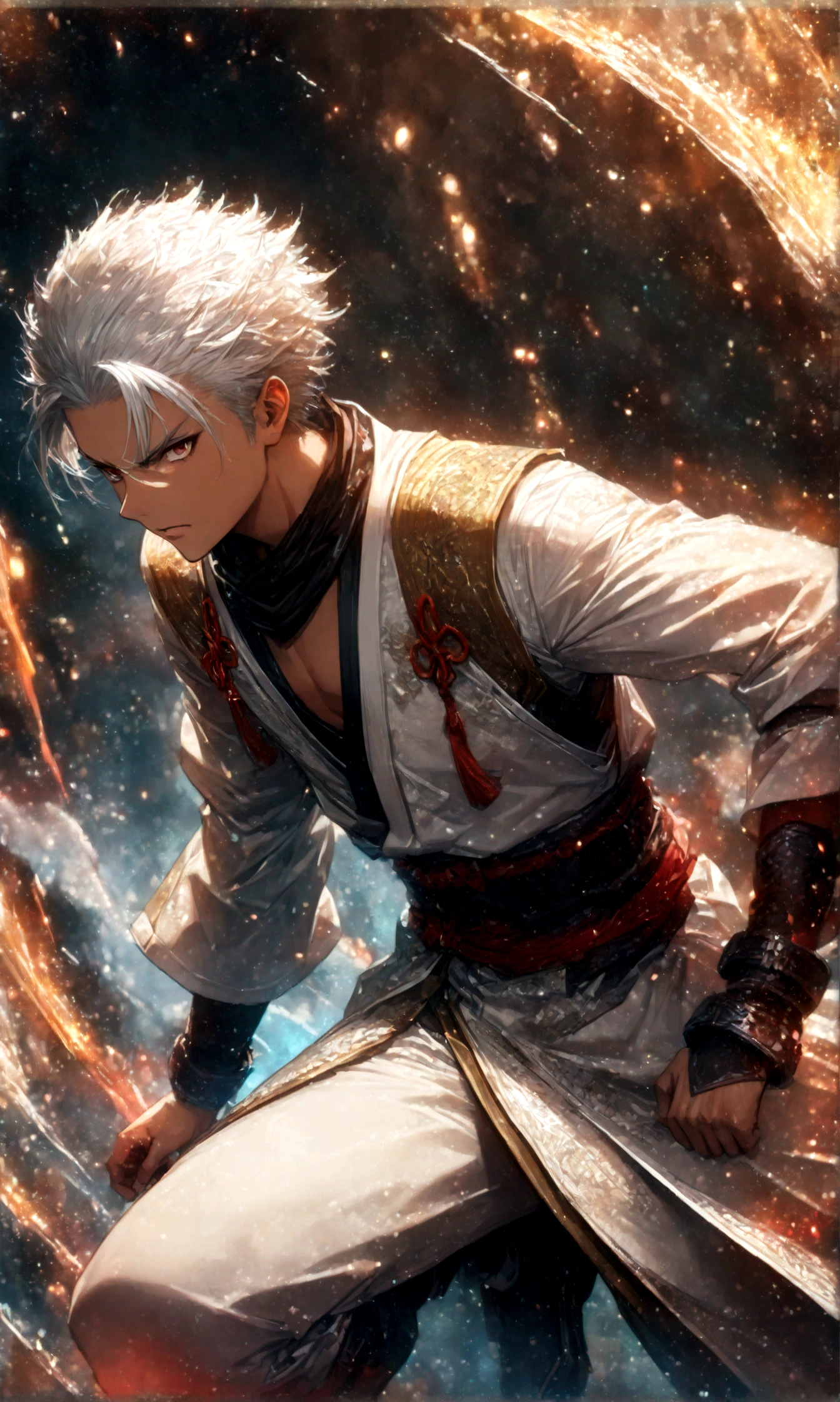 (1 male,gabimaru,Androgynous short hair,white hair,White ninja costume,Gabimaru is a slim androgynous man,beautiful,Listless),Midori Ishida's painting style,Moderate dirt,Intricate details,,Decadent,artwork,rendering,Dynamic pose,(masterpiece:1.3),(highest quality:1.4),(Super detailed:1.5),High resolution,Very detailed,unity 8k wallpaper,Dark fantasy,Glare,Fighting Style,BREAK,The ninja outfit that Gabimaru is wearing is white.,The collar and cuffs are black.