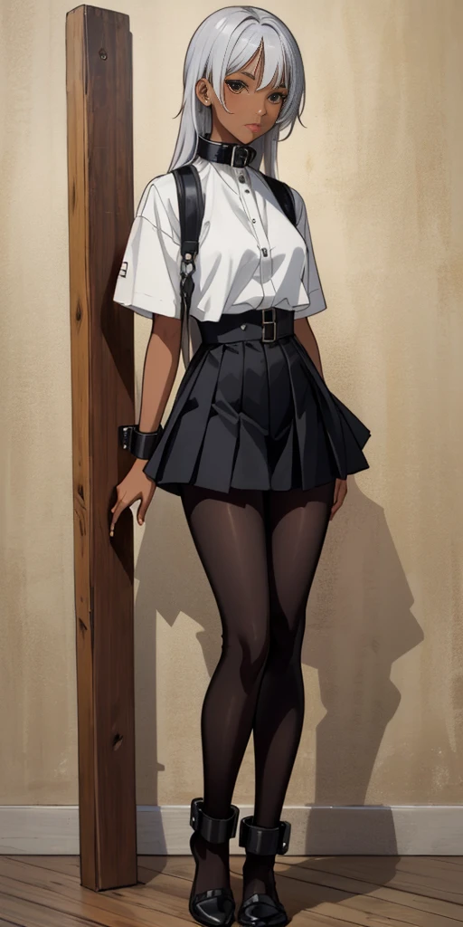 (Masterpiece, best quality, intricate details, 1sologirl) iron collar, arms behind back, iron cuffs, shackles, bound ((standing by wooden pole:1.2)) ((Kei Kishimoto Black Dark skin Gyaru)) show entire body frontal position, feet in view, realistic, gorgeous 16y.o. darkest skinned mixed race female, black African, transparent black pantyhose, legs open, museum, no shoes, looking to viewer straight symmetrical,  white silver long hair