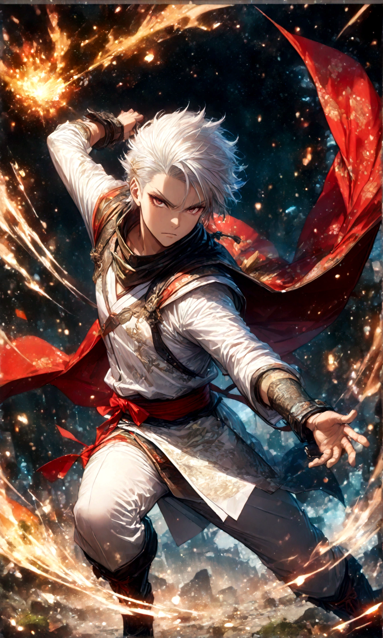 (1 male,gabimaru,Androgynous short hair,white hair,White ninja costume,Gabimaru is a slim androgynous man,beautiful,Listless),Midori Ishida's painting style,Moderate dirt,Intricate details,,Decadent,artwork,rendering,Dynamic pose,(masterpiece:1.3),(highest quality:1.4),(Super detailed:1.5),High resolution,Very detailed,unity 8k wallpaper,Dark fantasy,Glare,Fighting Style,BREAK,The ninja outfit that Gabimaru is wearing is white.,The collar and cuffs are black.