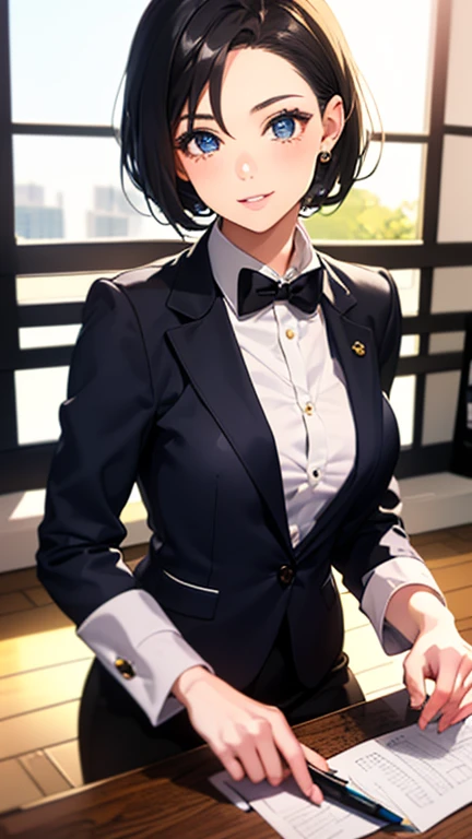 A girl is posing for a photo,pretty girl,Enchanting girl,Anime Girls,
(((One Girl,16 years o 
 
(black ribbon tie + White Collar Dress Shirt + blue suit jacket + blue suit vest + Blue Shiny Pencil Mini Skirt)、((black pantyhose : low denier, sheer, glossy finish))、(Black high heels), 
BREAK 

(Black Hair, (hair slicked back + Side-haired hairstyle showing ears + Very short back hair))、
(Drooping eyes,blue eyes),(Small breasts),
BREAK 

(Evil Smile),
((noon + Sunlit office)), ((sit cross-legged at a desk:1.4、Turn your body towards the viewer、Cowboy Shot)), 
BREAK 

(Beautiful Hair,Shiny Hair),
(Expression of fine eyes,Beautiful and delicate eyes,Sparkling eyes,Eye Reflexes),
(double eyelid,Long eyelashes),
(Beautiful Nose,Thin Nose),
(Glossy lips,Beautiful Lips,Thick lips),
(Symmetrical facial features,Perfect Face),(((Detailed skin,Oily skin,Textured skin,Beautiful Skin))),
BREAK 

(((highest quality)),((masterpiece)),((Very detailed))),((High resolution),(8k),(16k,1080p),(Anime 2D Rendering)),(Anatomically correct),
(The best CG),Highly detailed art,CG illustration,
