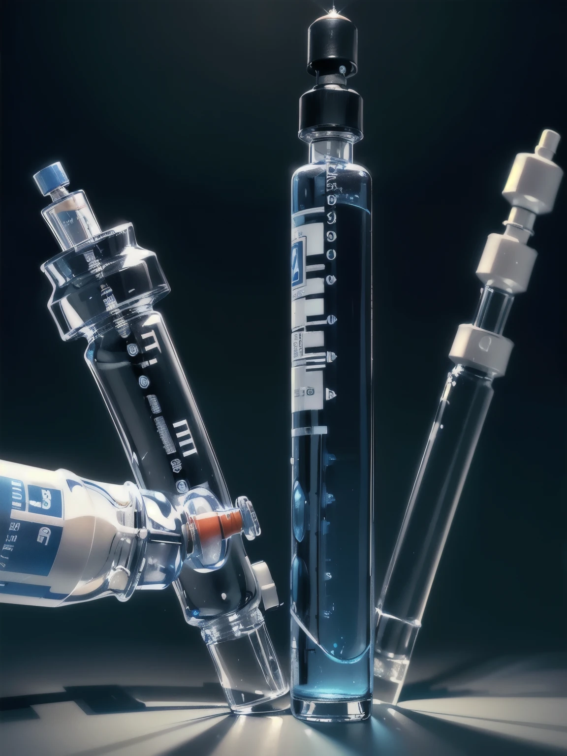 ((No people)) ,scene, background
, ultra high res .photorealistic:. 1.4, UHD ,masterpiece , Lab background, ((close up serum syringe)) serum tube , bright ,blue injection syringe (macro shot) ((syringe))