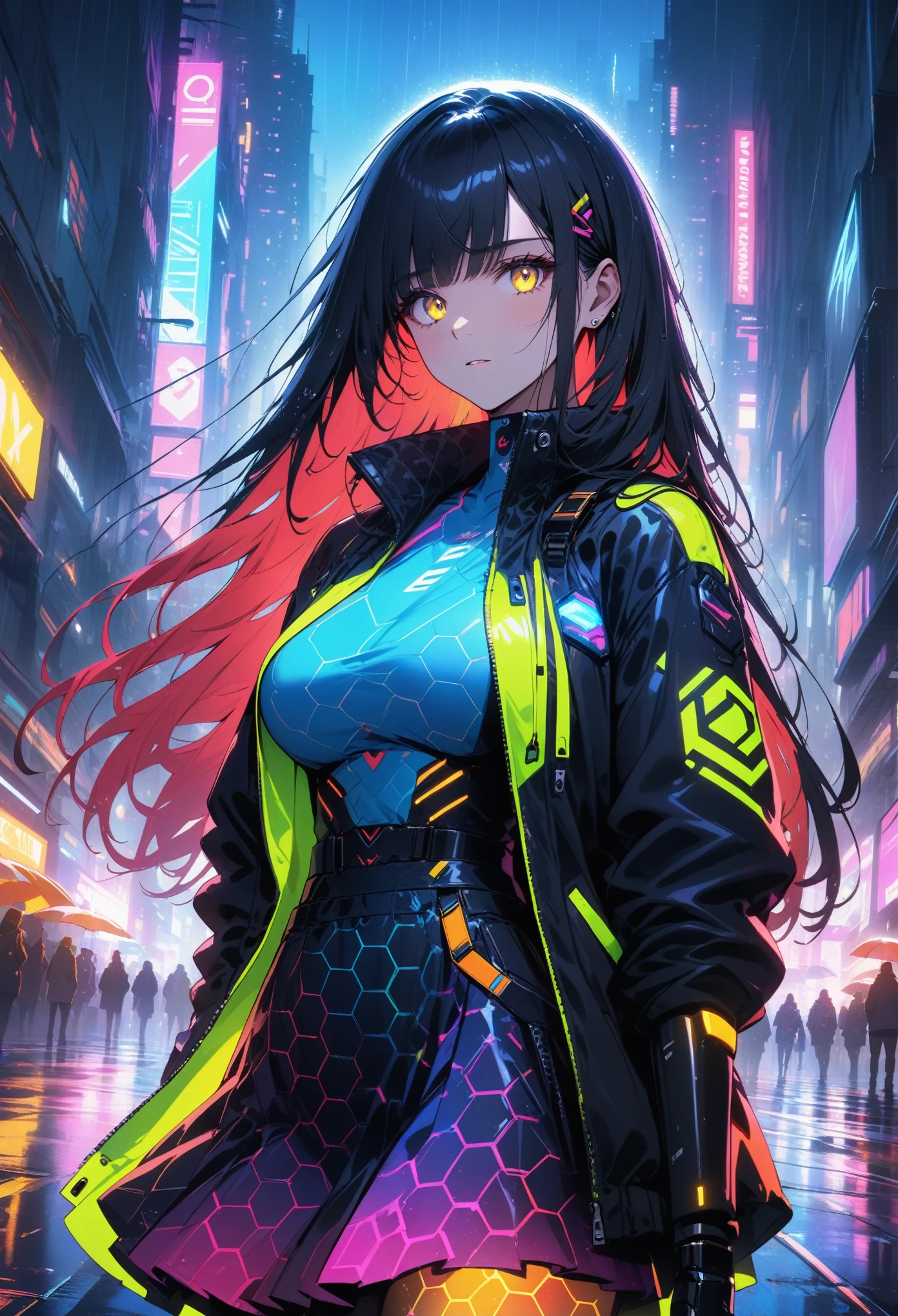 night, Colorful cyberpunk city background, rain, street, very long hair, black hair, dark blue inner hair, red bangs, yellow bangs, shining eyes, large breasts, colorful jacket, futuristic jacket, (hexagon-pattern skirt:1.5), stern expression, black, backlight, glow, Find an audience, low angle shot, Looking up at the camera, perfect composition, Perfect light and shadow, 8K