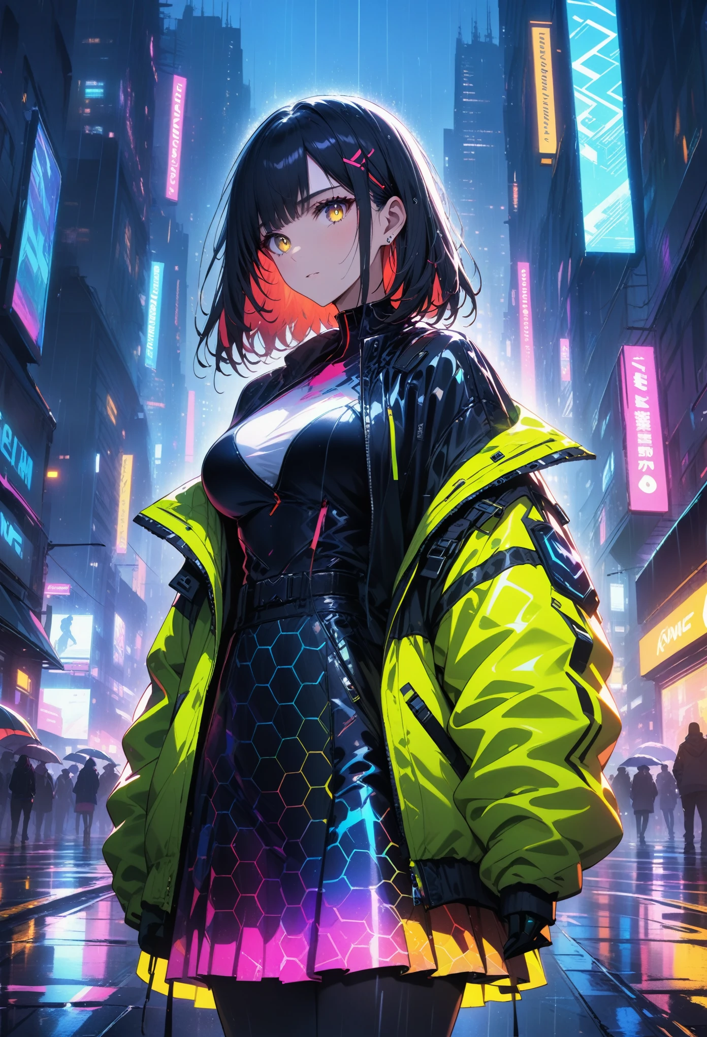 night, Colorful cyberpunk city background, rain, street, very long hair, black hair, dark blue inner hair, red bangs, yellow bangs, shining eyes, large breasts, colorful jacket, futuristic jacket, (hexagon-pattern skirt:1.5), stern expression, black, backlight, glow, Find an audience, low angle shot, Looking up at the camera, perfect composition, Perfect light and shadow, 8K