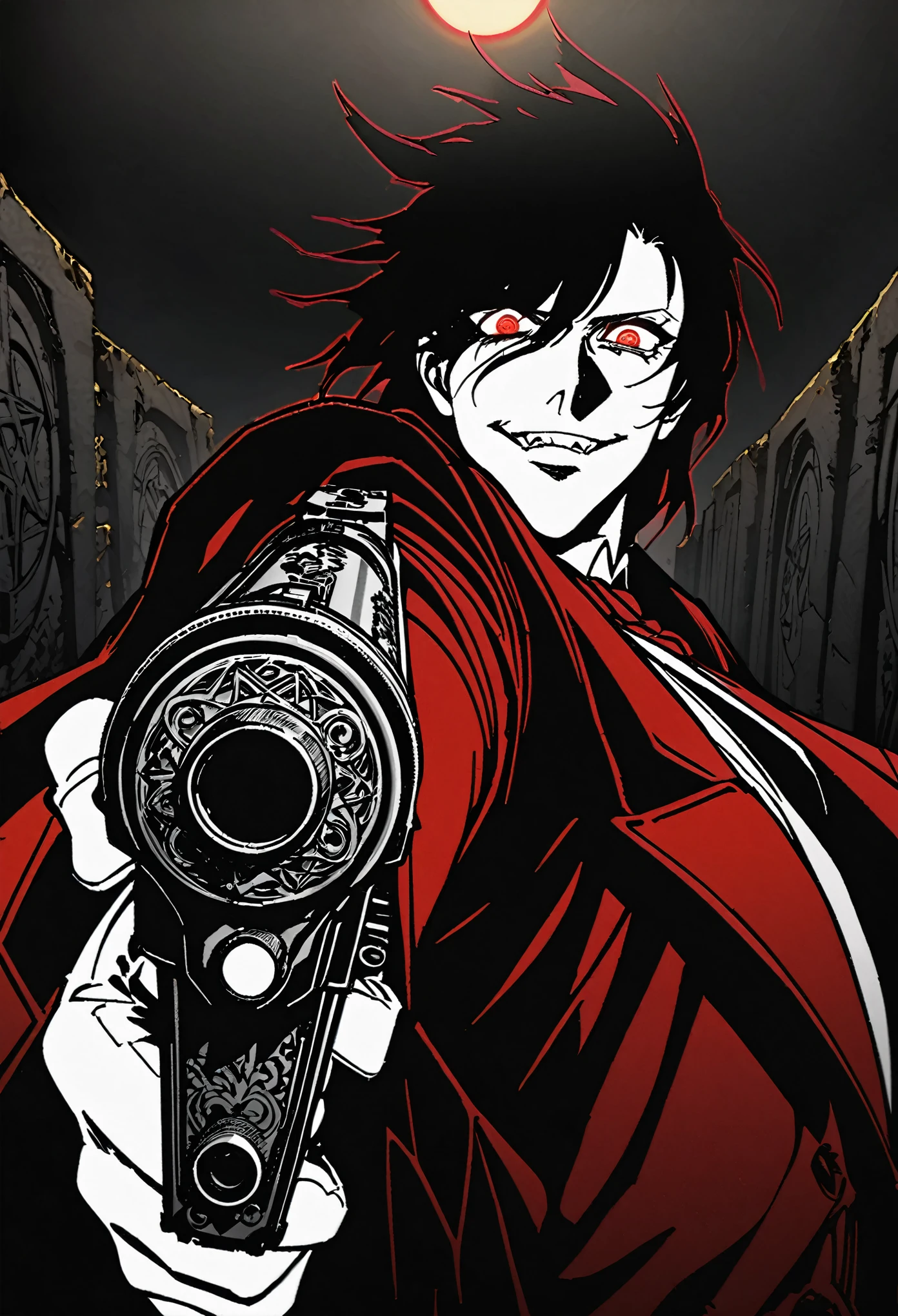 Alucard from "Hellsing" in close-up, in high quality.  Fisheye effect, focusing the image on the barrels of their distinctive engraved pistols, the Jackal and the Casull, pointing directly at the viewer.  The image shows his iconic red outfit in great detail, with the crimson coat fluttering slightly in the wind, and his white gloves with pentagrams clearly visible.  In the background, his face is clearly seen, with crimson eyes shining with malice and a cynical smile that reveals his sharp fangs.  The atmosphere is dark and oppressive, with high contrast to intensify his aura of terror.