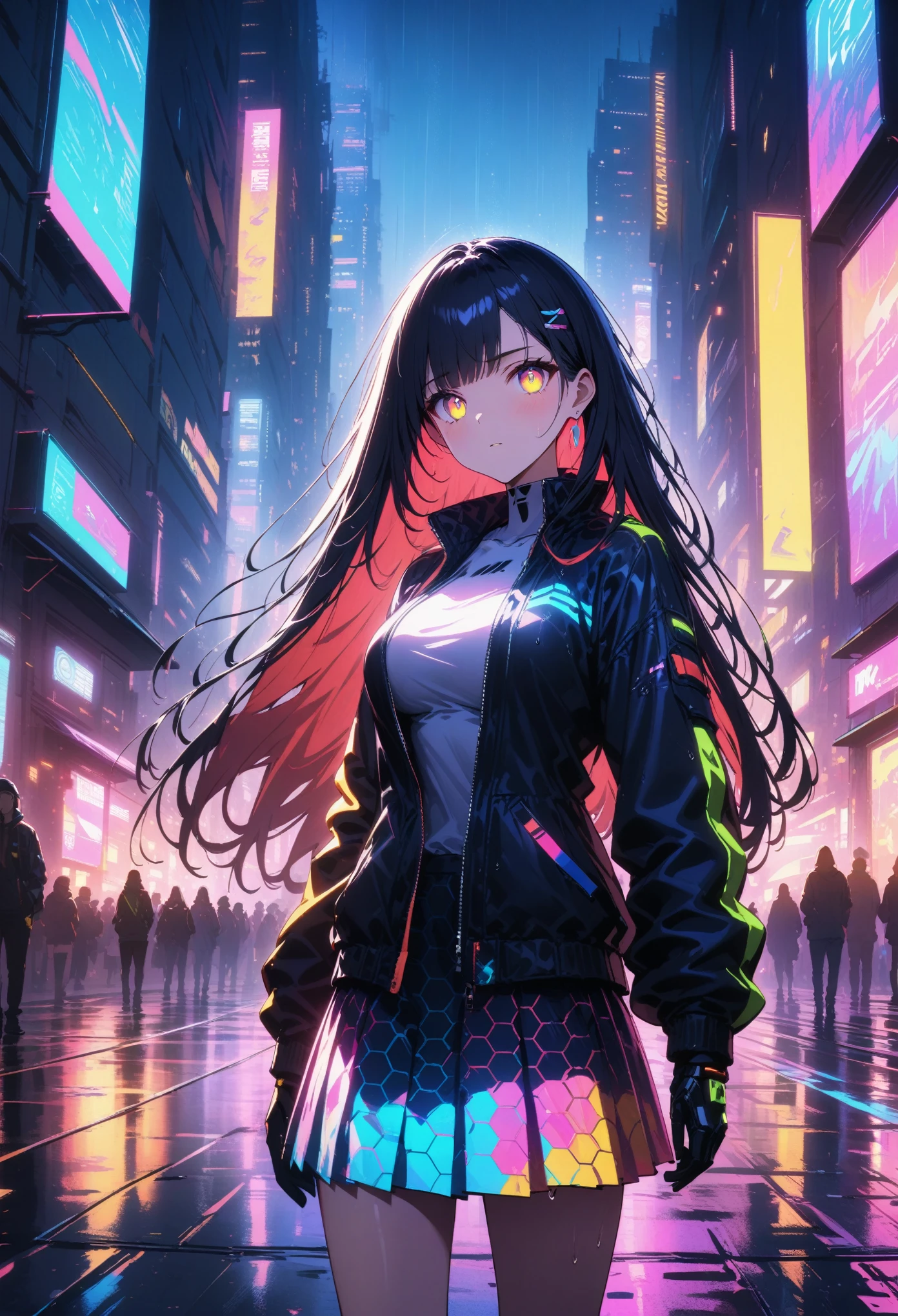 night, Colorful cyberpunk city background, rain, street, very long hair, black hair, dark blue inner hair, red bangs, yellow bangs, shining eyes, large breasts, colorful jacket, futuristic jacket, (hexagon-pattern skirt:1.5), stern expression, black, backlight, glow, Find an audience, low angle shot, Looking up at the camera, perfect composition, Perfect light and shadow, 8K