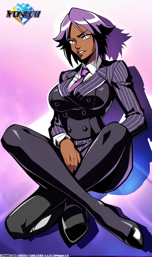  Full body Yoruichi as a thin Black business woman in a double breasted pinstripe purple  skirt suit while wearing a tie with a very long purple pinstripe skirt that covers the legs and with long black knee socks full art and make her sit down also give her thin legs and purple heels