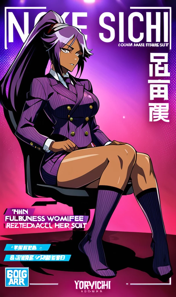 Full body Yoruichi as a thin Black business woman in a double breasted pinstripe purple skirt suit while wearing a tie with a long purple pinstripe skirt and with long black knee socks full art and make her sit down
