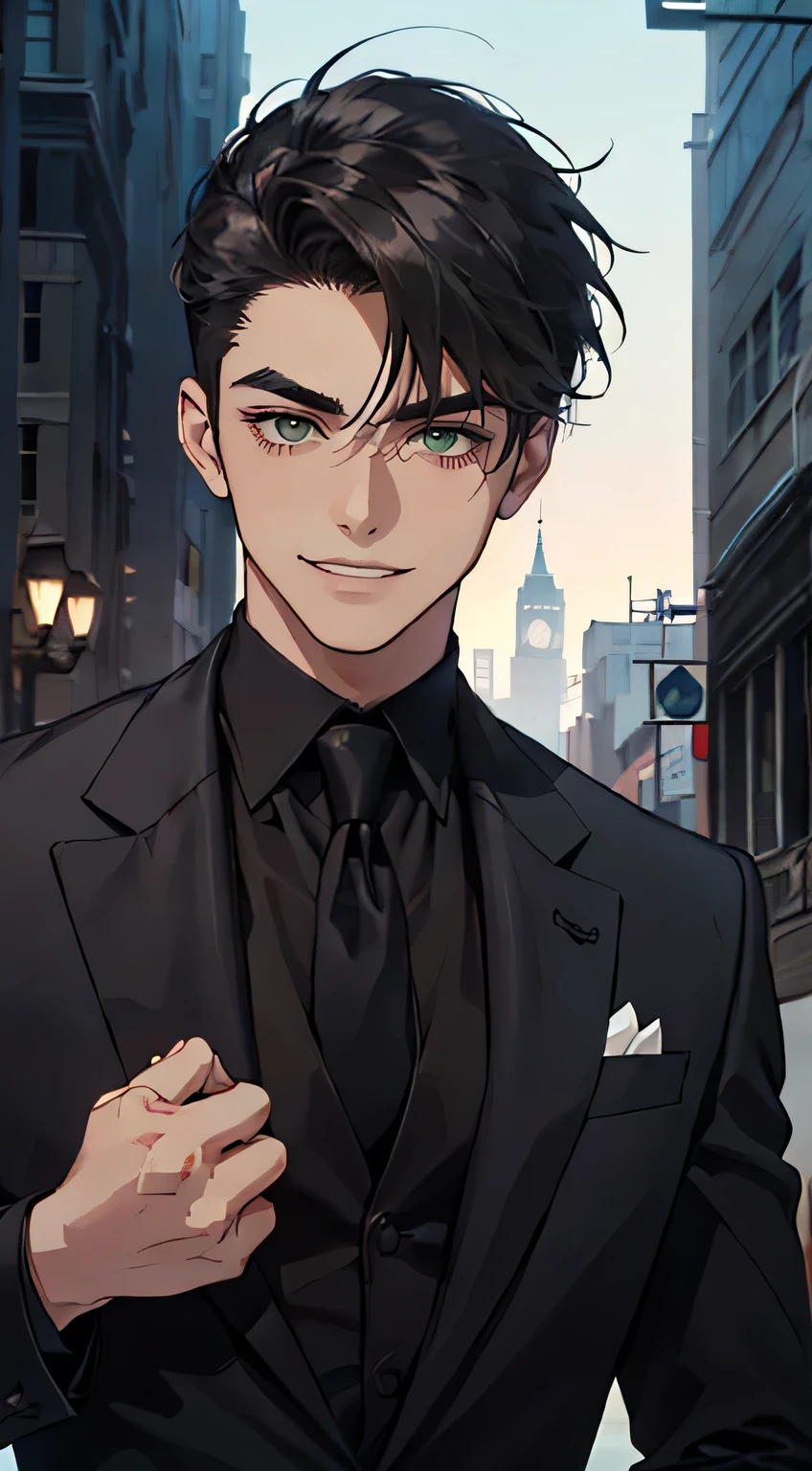 ((young man in a black suit and tie)), filmed in early 2020s, Gotham, alejandro, It looks very sophisticated, (((Black Short Hair, combed to the left side))), (dark green eyes and thick eyebrows), grin. ((20 years)), ((Black suit and black tie)), masterpiece, dynamic pose, one man, ((dark skin))
