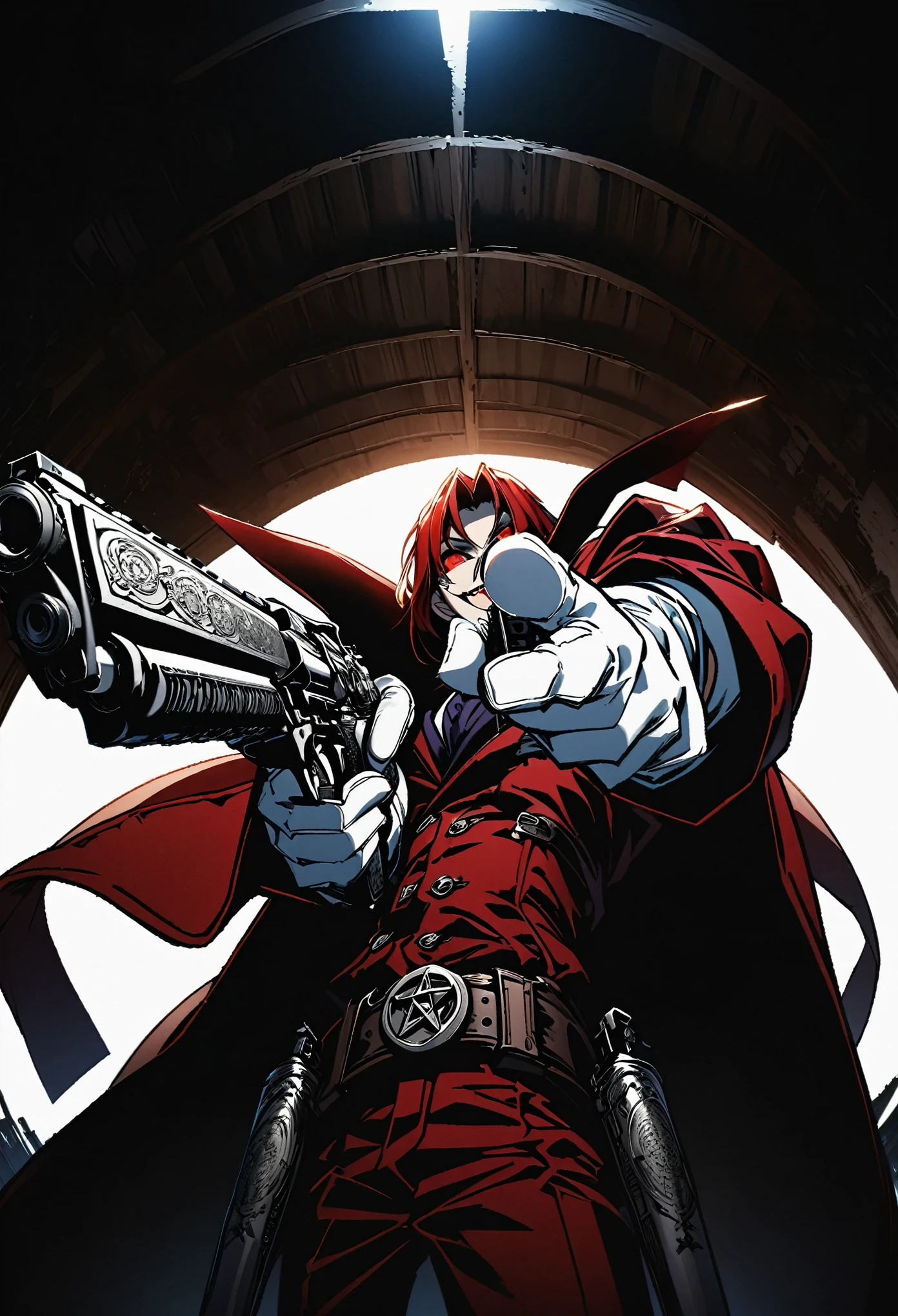 Alucard from "Hellsing" in close-up, in high quality.  Fisheye effect, focusing the image on the barrels of their distinctive engraved pistols, the Jackal and the Casull, pointing directly at the viewer.  The image shows his iconic red outfit in great detail, with the crimson coat fluttering slightly in the wind, and his white gloves with pentagrams clearly visible.  In the background, his face is clearly seen, with crimson eyes shining with malice and a cynical smile that reveals his sharp fangs.  The atmosphere is dark and oppressive, with high contrast to intensify his aura of terror.