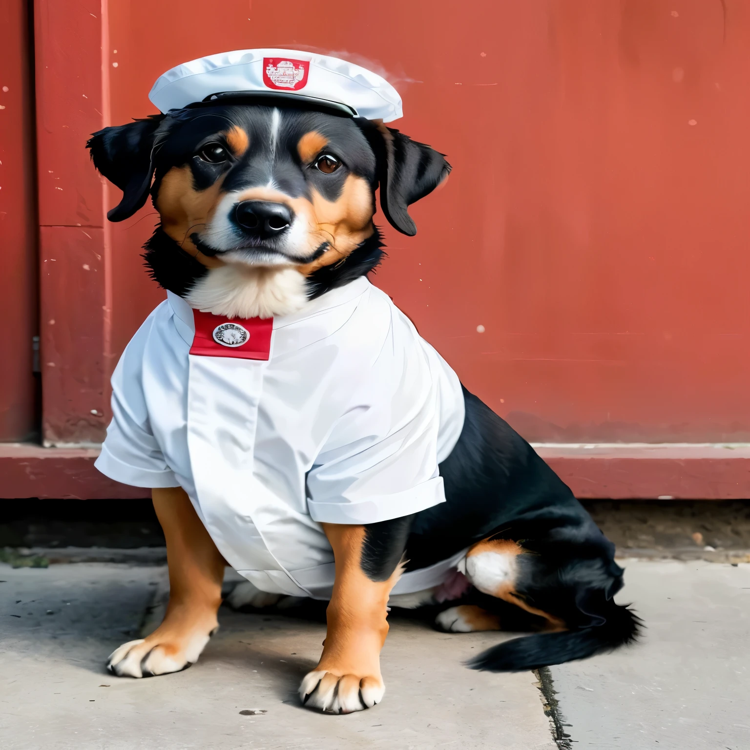 Perro arafed con sombrero blanco y camisa blanca sentado en la acera, vistiendo uniforme de rr diner, con una bata de laboratorio, Bombero de Rottweiler, Sharp details, un guapo, retrato, por Julia Pishtar, Muy guapo, apuesto, cuatro patas, retrato en plano medio, wears a red scarf, smoking, Miko, japanese dog
