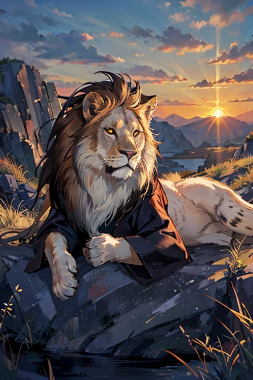 A majestic lion resting on a rocky outcrop, overlooking a vast savanna and a vibrant sunset.