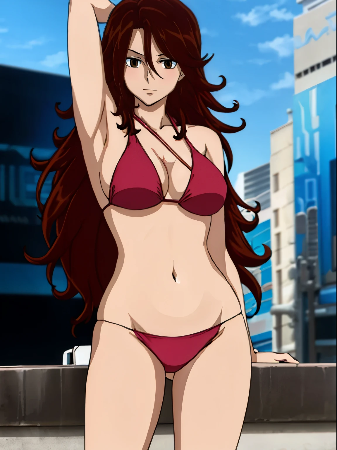 1girl, blunt bangs, very happy, smile, very high resolution, very high quality, cowboy shot, red bikini top, (brown hair:1.2), very long hair, looking at viewer, smile, highly detailed background, (photo realistic:1.2), very detailed eyes, red eyeshadow, depth of field, thighs, (solo:1.2), (cyberpunk city:1.1), cleavage, (finger on lips:1.1),Shiny skin, standing, very big round breasts, defined breasts, armpit line, little biceps, pale skin, pale skin
