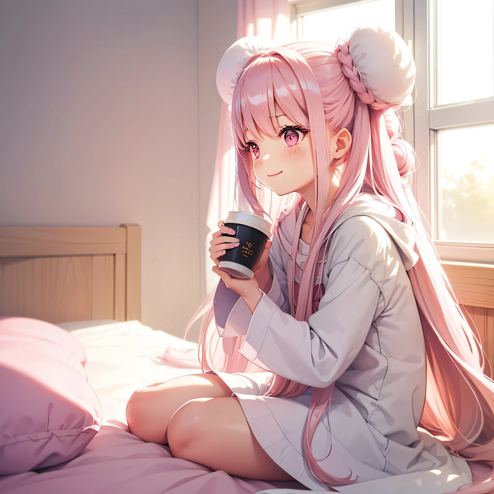 Colorful sketch style. Small room, Pale pink wallpaper,A woman sits on bed and drinks coffee. The sun's rays wake up the room through a small window above the bed. As many details as possible,(Hair Ribbon:0.4), Pink Eyes,Cinematic Angles,perspective,(((White bun hair))),(((Long pink hair))),whole body,smile,Watching the audience,