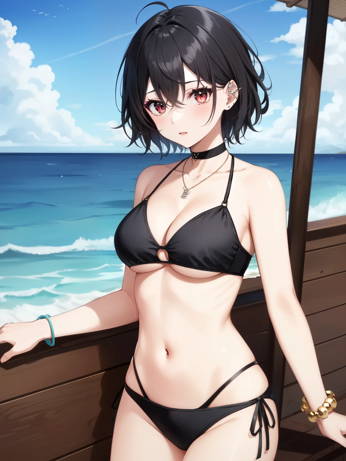 lineart, illustrated, 1girl, mature female, (pale skin:0.9), red eyes, black hair, (wavy hair:0.1), messy hair, short hair, hair between eyes, wolfcut, pixie cut, makeup, choker, collarbone, punk, emo, medium breasts, necklace, halterneck bikini bra, underboob, cleavage cutout, bracelets, black bikini panties, ocean, boat, multiple boys