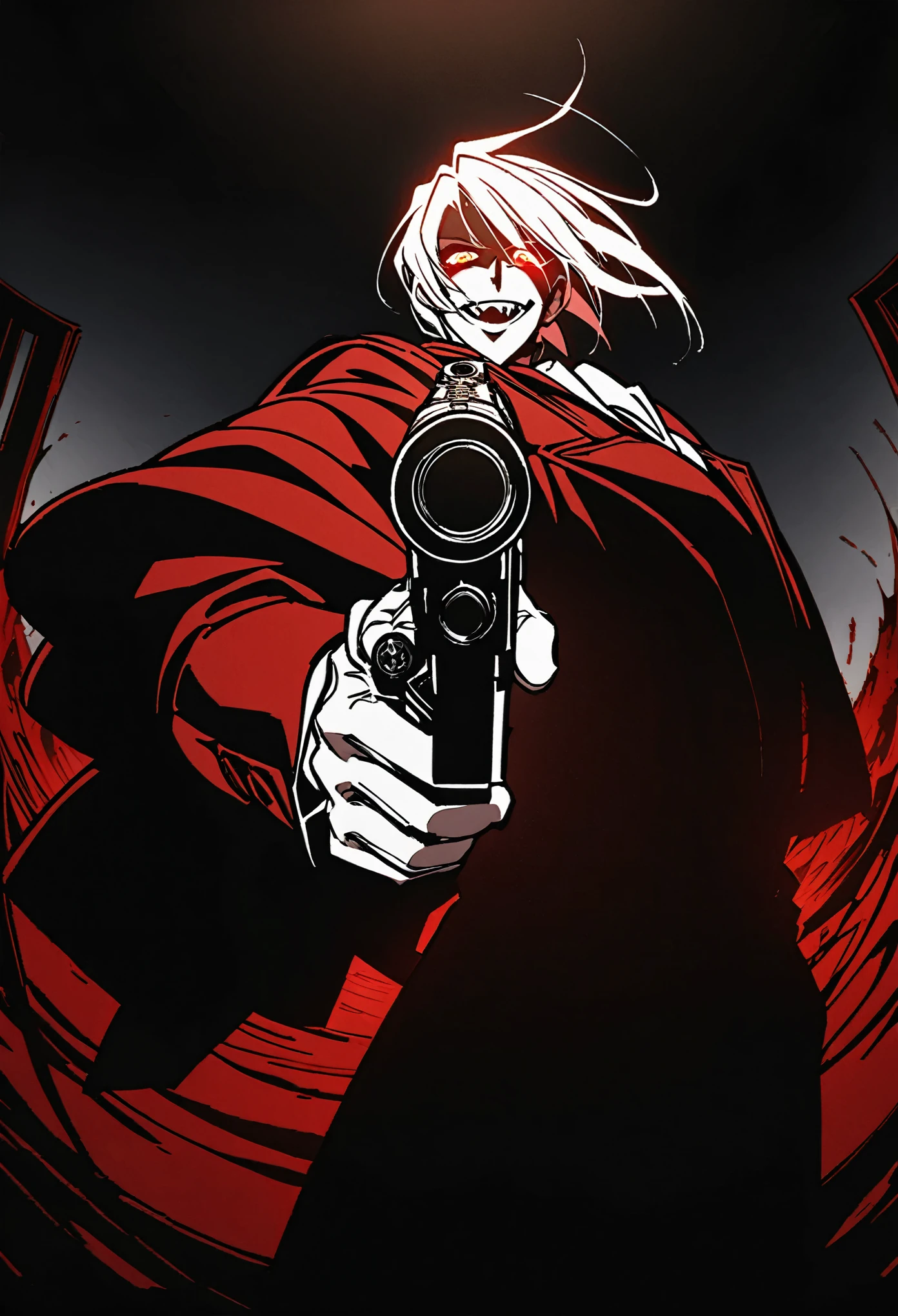 Alucard from "Hellsing" in close-up, in high quality.  Fisheye effect, focusing the image on the barrels of their distinctive engraved pistols, the Jackal and the Casull, pointing directly at the viewer.  The image shows his iconic red outfit in great detail, with the crimson coat fluttering slightly in the wind, and his white gloves with pentagrams clearly visible.  In the background, his face is clearly seen, with crimson eyes shining with malice and a cynical smile that reveals his sharp fangs.  The atmosphere is dark and oppressive, with high contrast to intensify his aura of terror.