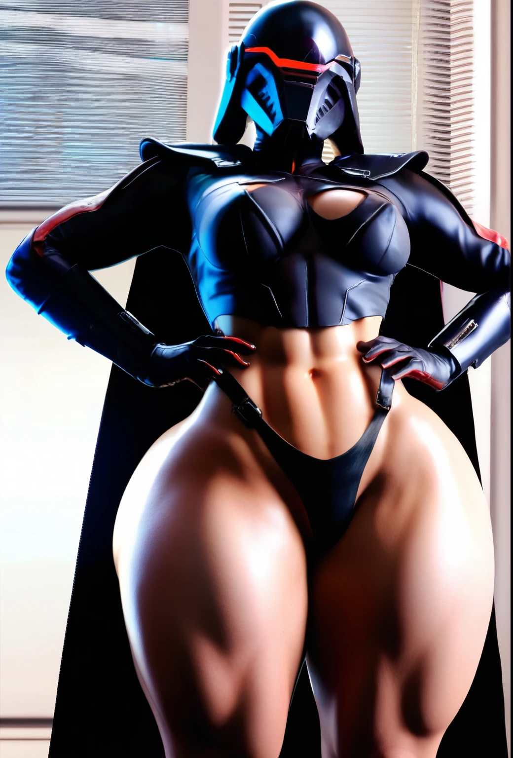 score_9, source_anime, score_8_up, score_7_up, BREAK Trilla, helmet with red visor, cape, armor,black gloves, tight bodysuit, black cape,black pants, BREAK, massive ass, massive thighs, close-up, solo, standing, front view, medium breasts, hands on hips, wide hips, BREAK, revealing clothing, skimpy clothing, x3dce, 3d, imperial hall, imperial room, her personal quarters, big ass, thick thighs, thong, showing buttcrack, torn clothing