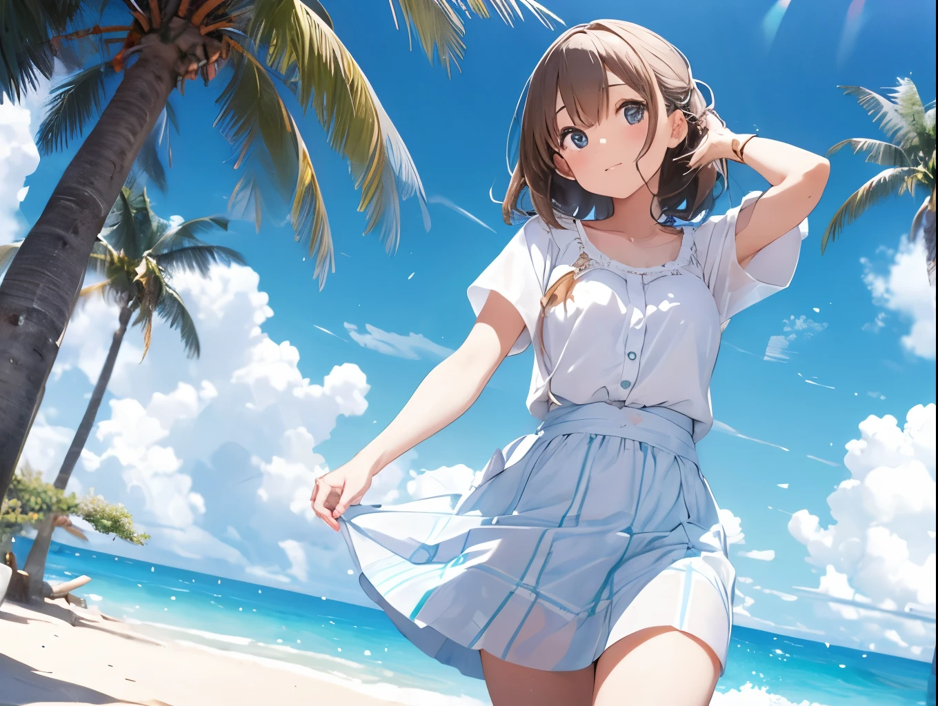 White dress shirt、She is wearing a light blue and white checkered skirt with both hands, showing off her cute white underwear.、barefoot、Sandy beach, sea and blue sky