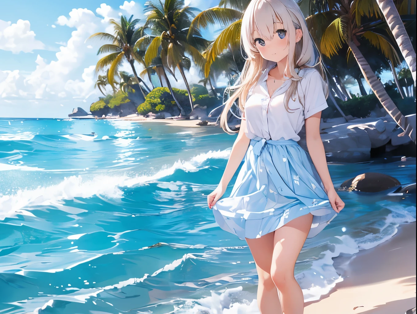 White dress shirt、She is wearing a light blue and white checkered skirt with both hands, showing off her cute white underwear.、barefoot、Sandy beach, sea and blue sky