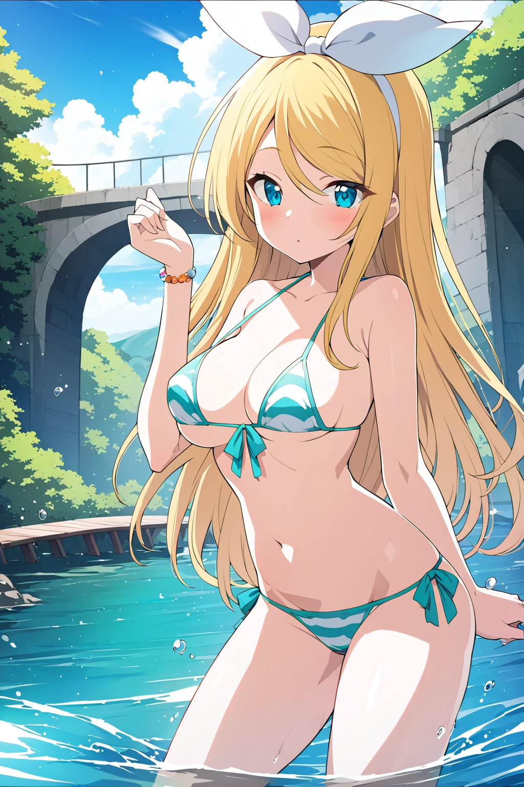 anime girl in a nude in the water with a bridge in the background, seductive anime girl, , beautiful anime girl, ecchi anime style, blonde anime girl with long hair, beautiful alluring anime woman, ecchi, attractive anime girl, splash art anime , pretty anime girl, beautiful alluring anime , anime goddess, (nsfw, naked:1.4). kagamine rin