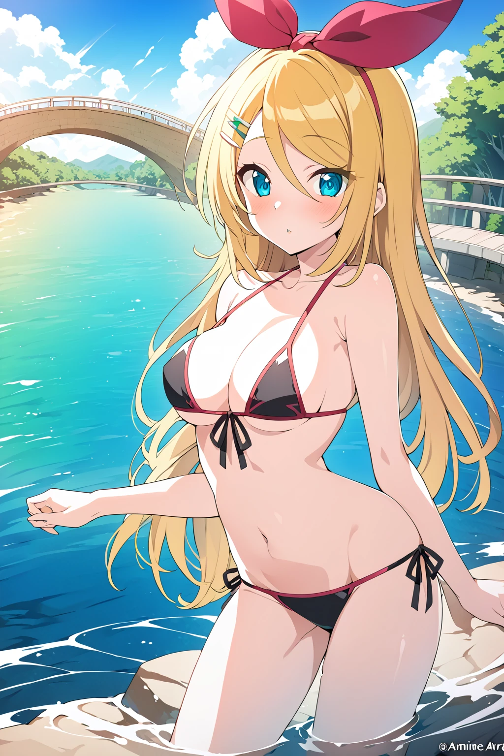 anime girl in a bikini in the water with a bridge in the background, seductive anime girl, , beautiful anime girl, ecchi anime style, blonde anime girl with long hair, beautiful alluring anime woman, ecchi, attractive anime girl, splash art anime , pretty anime girl, beautiful alluring anime teen, anime goddess, nsfw, naked. kagamine rin