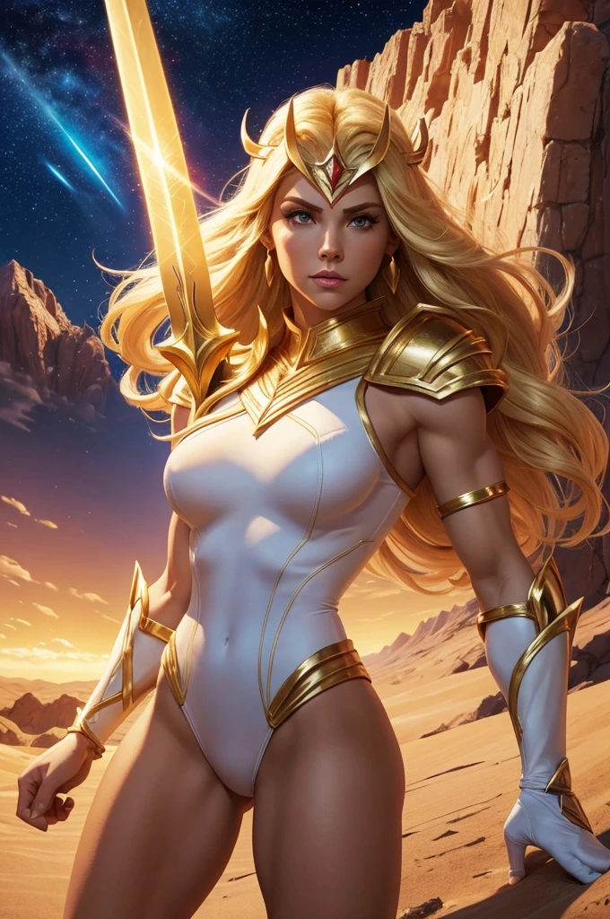 SHE-RA (( COMICS )), BLONDE BOMBSHELL, ATHLETIC BODY, MUSCLES, WHITE BODYSUIT, GOLD DETAILS, SWORD, ON ETHERIA, NIGHTSKY, PLANET, DESERT, MOUNTAINS, HIGH QUALITY IMAGE, MASTER PIECE, SUN