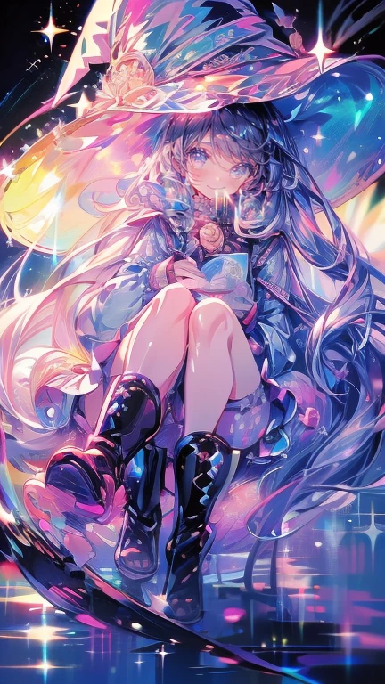 ((magic使いの女の子:1.5)), Solo Shooting,Perfect Face, Beautiful Face, Highly detailed face,(Long Hair:1.3),(Witch Hat:1.3),boots,Witch's broom,magicの杖,book of magic,Night Sky,たくさんのstar,Shine,smile,Light,magic,月Light,starの粒,star々,月Light,流れstar、Sparkling