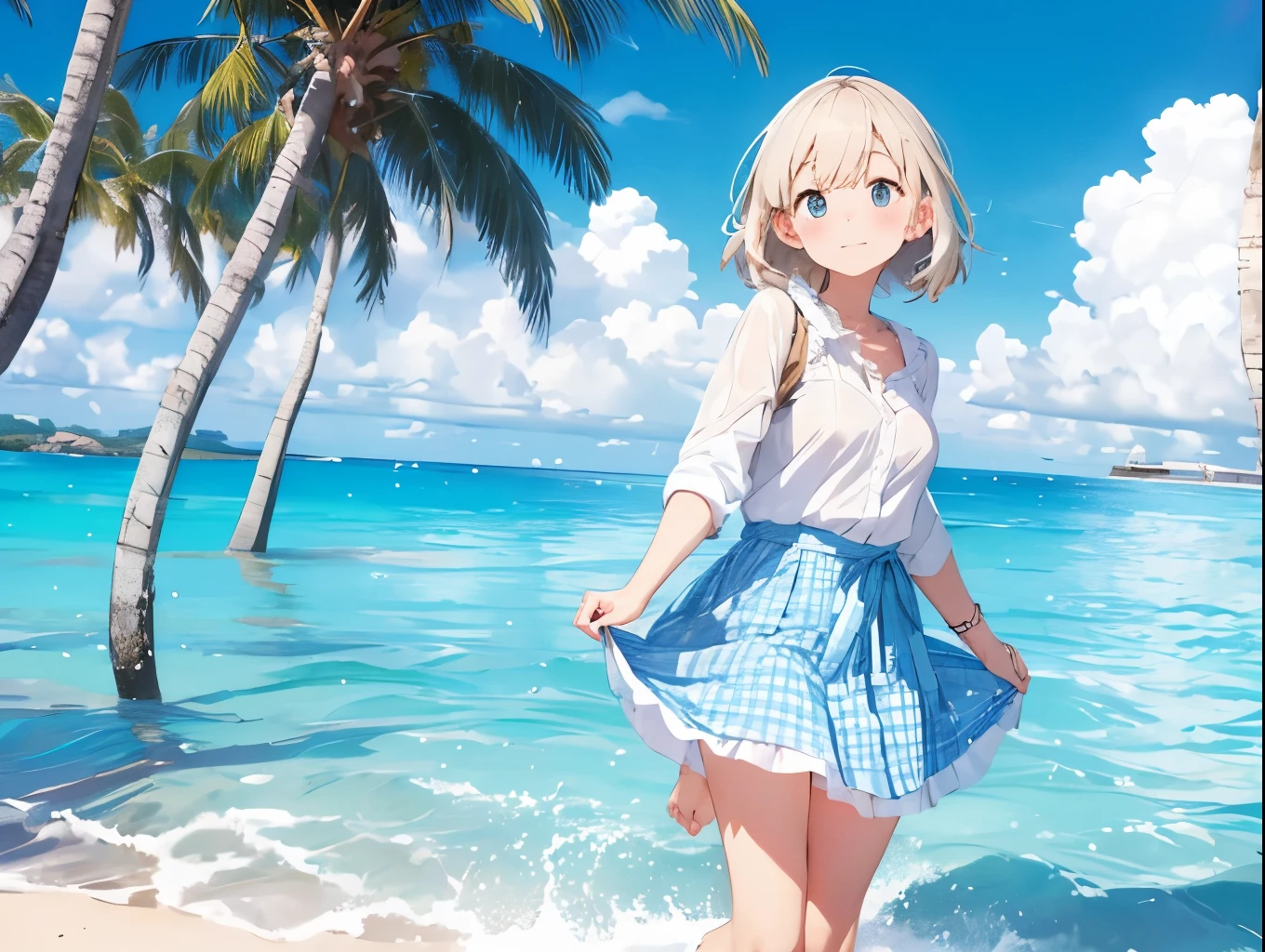 White dress shirt、She is wearing a light blue and white checkered skirt with both hands, showing off her cute white underwear.、barefoot、Sandy beach, sea and blue sky