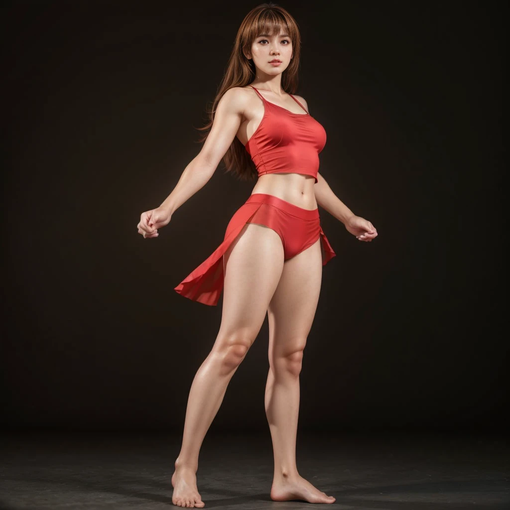 Kasumi, brown eyes, (best quality, ultra-detailed), (realistic:1.37), beautiful and detailed face, ultra-realistic texture, delicate face, delicate body, red lipstick, bright colors. High definition, 8K, well defined legs.
