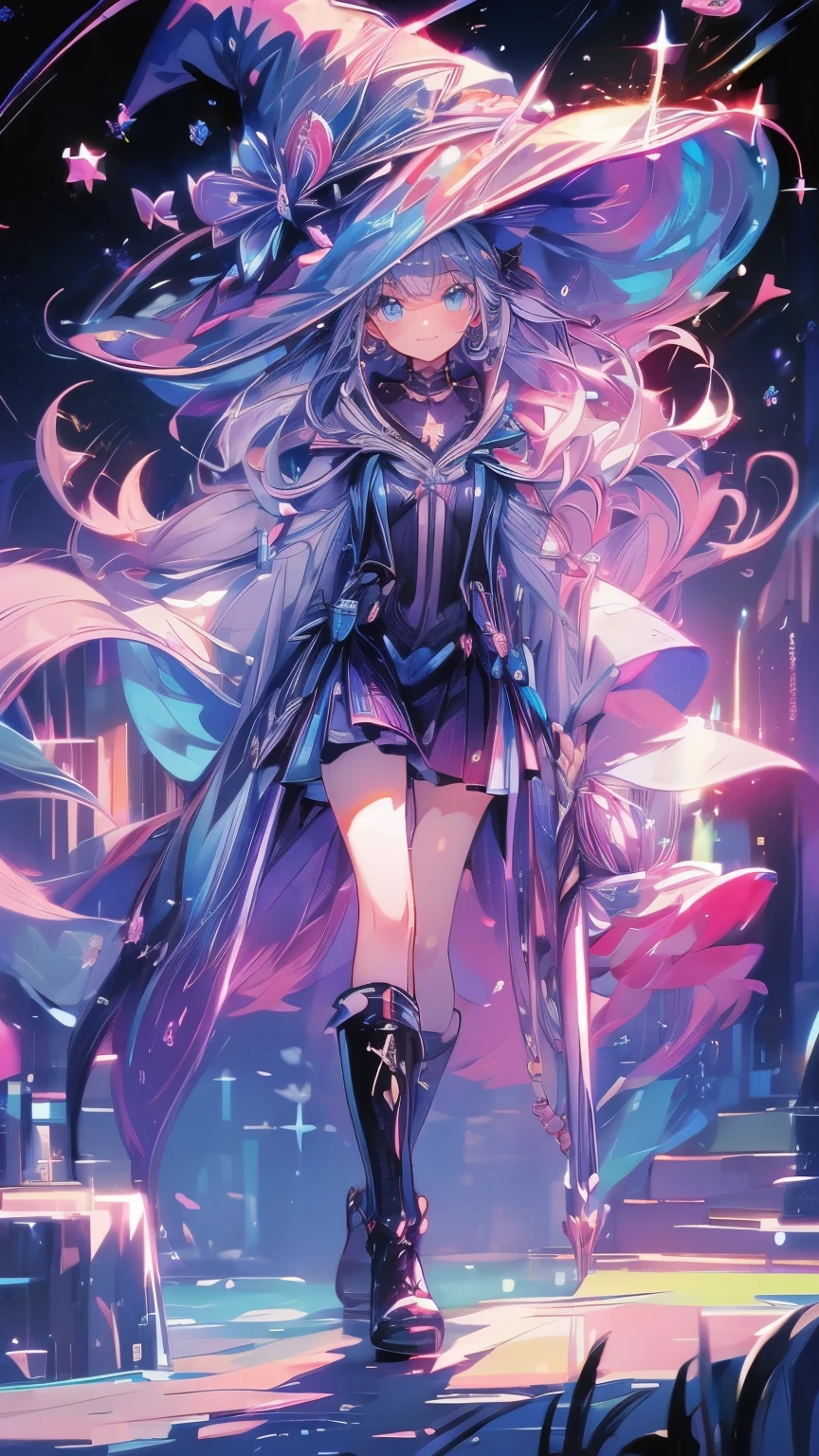 ((magic使いの女の子:1.5)), Solo Shooting,Perfect Face, Beautiful Face, Highly detailed face,(Long Hair:1.3),(Witch Hat:1.3),boots,Witch's broom,magicの杖,book of magic,Night Sky,たくさんのstar,Shine,smile,Light,magic,月Light,starの粒,star々,月Light,流れstar、Sparkling