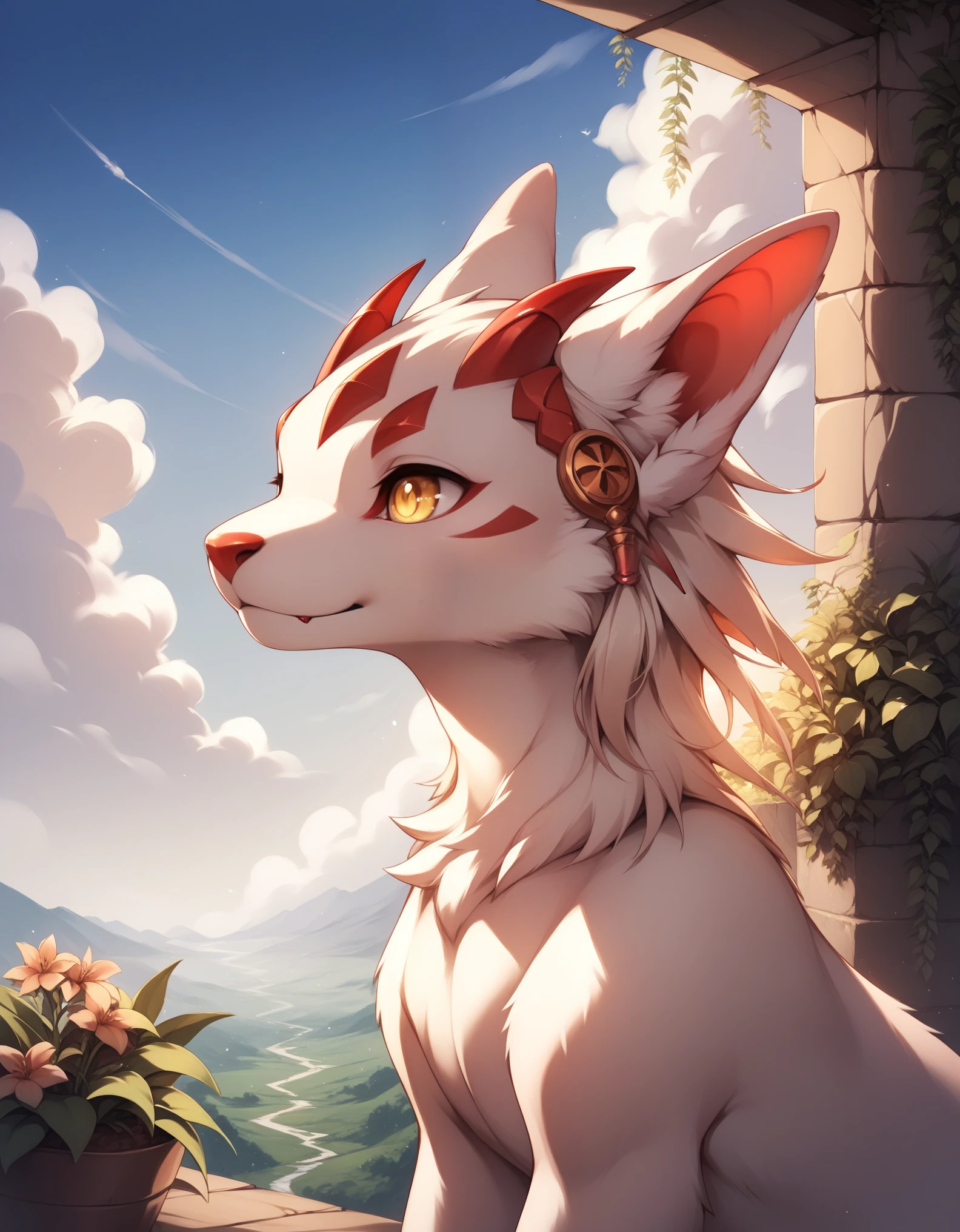 score_9, score_8_up, score_7, score_6_up, rating_safe,, faputa, yellow eyes, (horizontal pupils), brown skin, white fur, red claws, white fluffy tail, three-quarter view, half-length portrait, BREAK, fantasy, morning, plant, sky, cloud, detailed background, foreground, depth of field, ambient silhouette, masterpiece, best quality, light, 