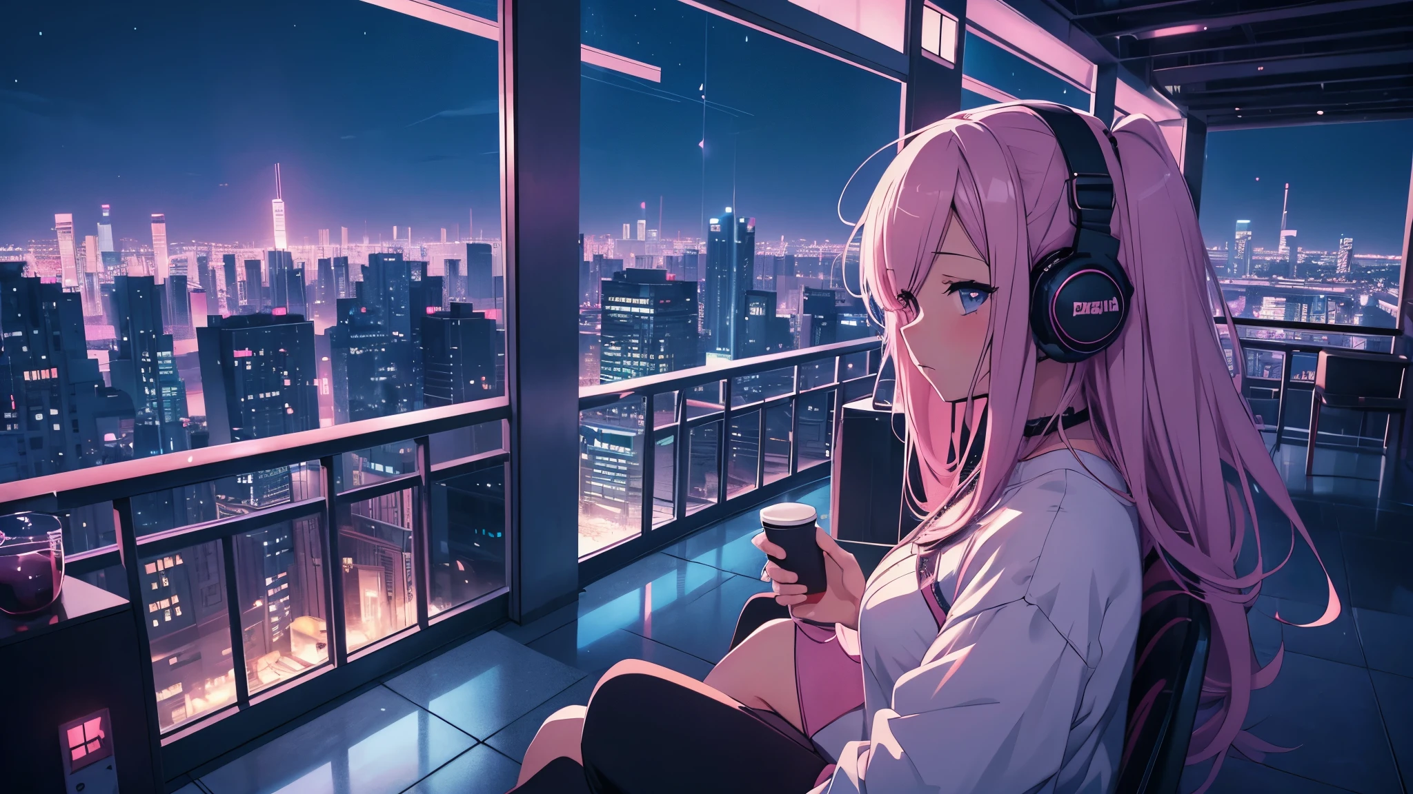 Anime girl listening to music on the rooftop of a skyscraper in the city late at night, Nightcore, lo-fi girl, Anime atmosphere, Lofi art style, Anime Style 4 k, Anime Style. 8k, beautiful Anime Style, pixiv style, Lo-fi feel, Lo-fi art, Lobby atmosphere, Anime Aesthetics, Lobby atmosphere