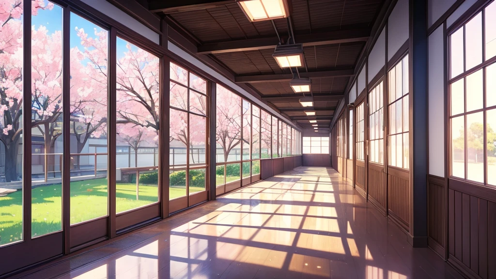 (masterpiece), best quality, ultra detailed, anime background, school, hallway, Japanese high school, windows with sakura trees