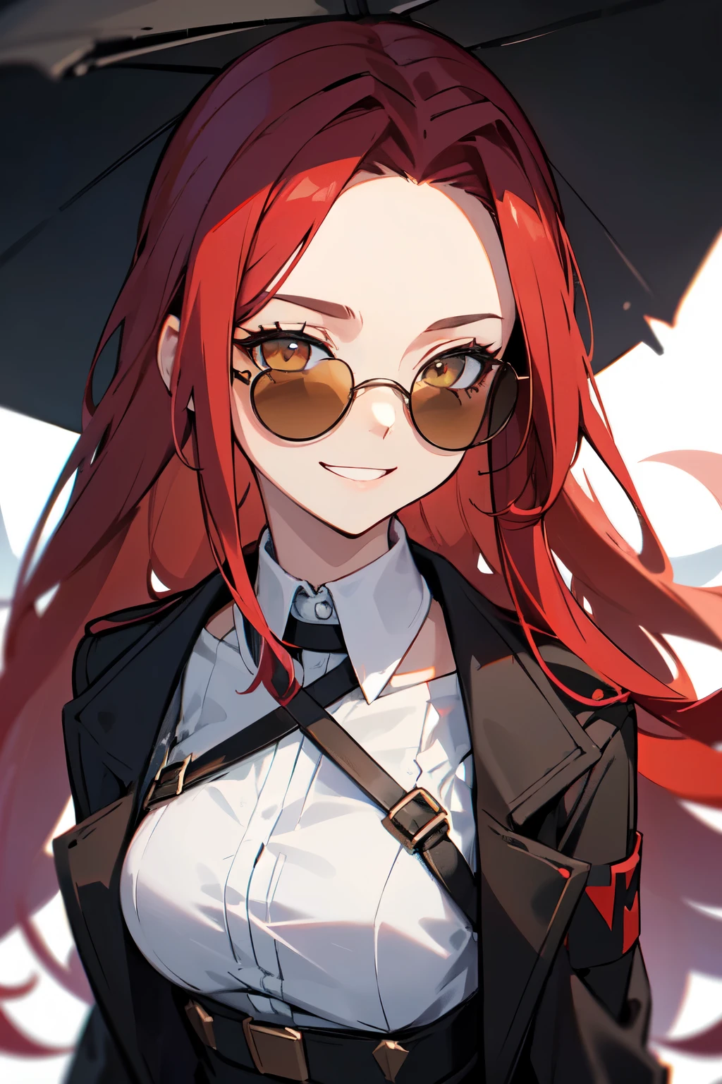 1 Girl, young woman, One, long hair, big hair, (forehead:1.2), (Round sunglasses:1.2), yellow eyes, (scarlet red hair), medium breasts, grin, (coat, black raincoat, открытое coat:1.2), White shirt, collared shirt, (chest harness, Drive:1.15), black leather shorts, garters, gloves, elegant, I look at the viewer, standing, Chromatic aberration, (Close-up of face:1.3), A masterpiece just for the face, Best quality, 4K