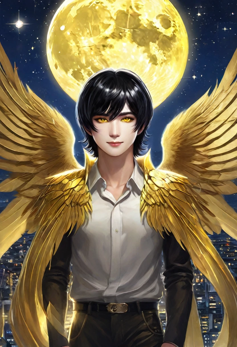 a man, short black hair, bright yellow eyes, golden wings. a city, night, starry sky, bright moon