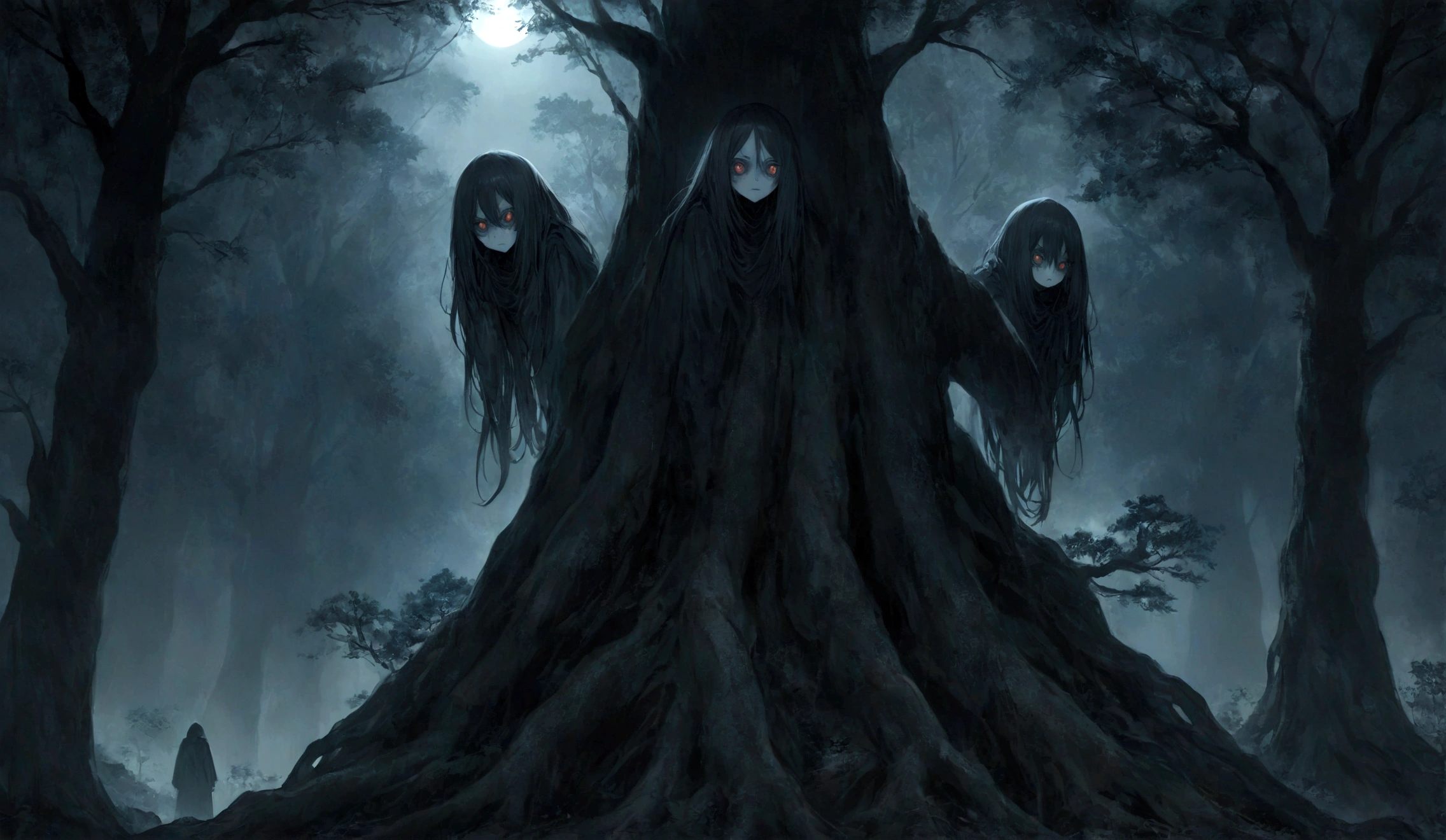 eeire forest at night, high trees, dark montain, dark atmosphere, horror story, (a pair of sinister eyes atop of a tree, in the dark)