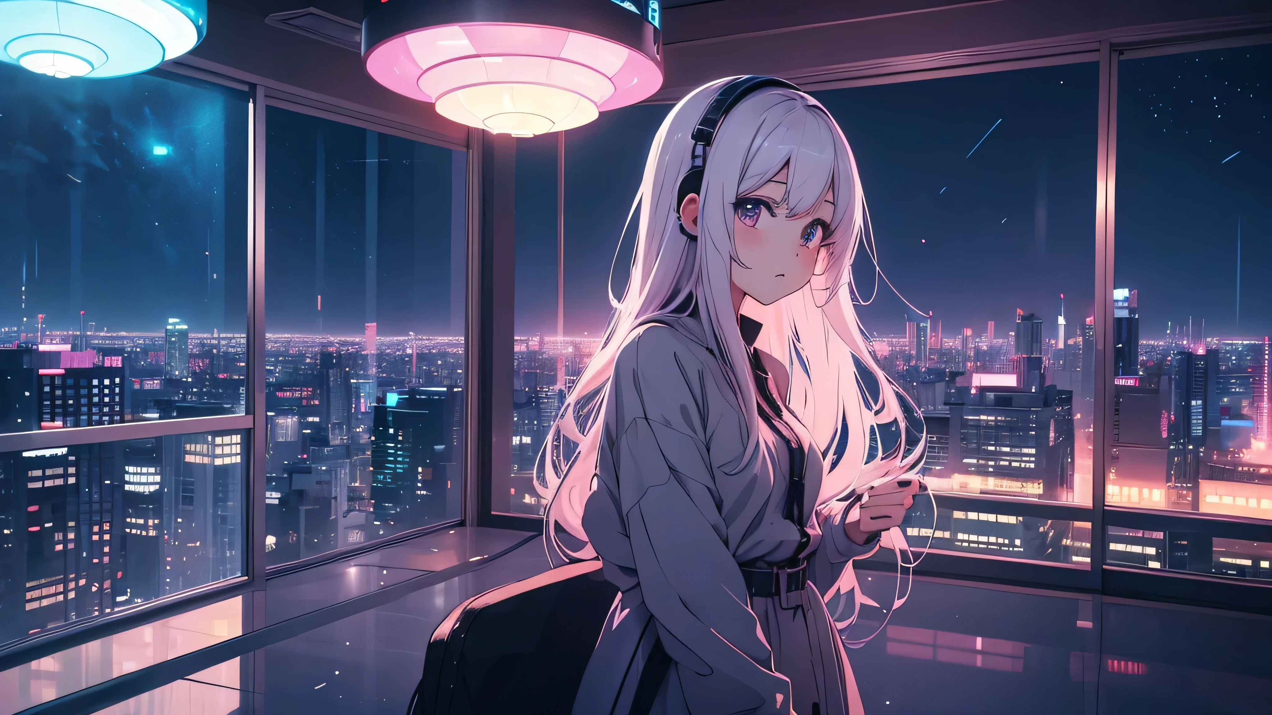 Anime girl listening to music on the rooftop of a skyscraper in the city late at night, Nightcore, lo-fi girl, Anime atmosphere, Lofi art style, Anime Style 4 k, Anime Style. 8k, beautiful Anime Style, pixiv style, Lo-fi feel, Lo-fi art, Lobby atmosphere, Anime Aesthetics, Lobby atmosphere