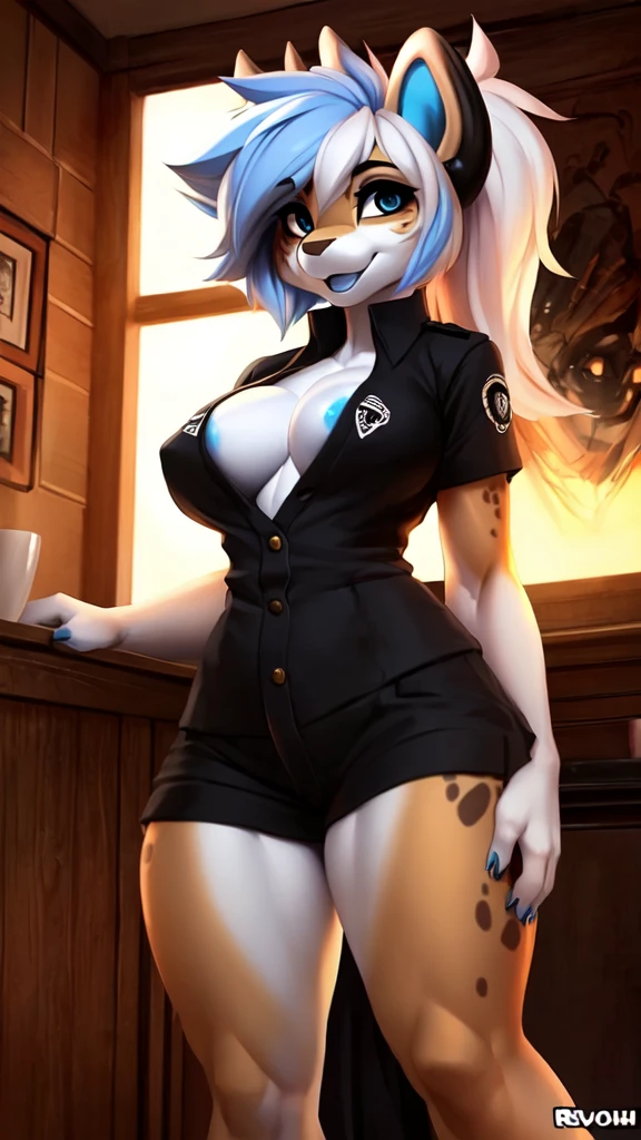 ((((SFW)))), carreguei o e621, lindo e detalhado,mulher (((female))) ((antropo)) hiena, Ross Tran, por Ruan Jia, por Zaush, por Foxovh, cinematic lighting, sedutor, hiena, coxas, (peito enorme), full body view, (antropo, pele fofa, foco do personagem:1.1), 1 garota,  cachorro antropo, pele do corpo, rabo de cachorro, Sozinho, medium breasts, (coxas grossas), curvado, (azul,Preto e branco colors_roupas) focar em , biki big sexy mom sensual mom , (heart-shaped pupils), sensual, sedutor, se apaixone garota, juridical, bonitinho, cara de safada, , grande show de halo , Cabelo preto com mechas azuis. garota samurai dentro da bunda, Uniforme sensual , com a camisa encharcada , Visible saliva offering to breasts and partial sex clothes ((She's showing off her sensuality) ( colar azul.) hottest 1st position for blue eyes sexy naughty face comfortable anime style cartoon style squirrel ears with blue hair ponytail , desenho digital e cidade colorida ao fundo, sexual expression.) (roupas colors: azul, Preto e branco) (sensual roupas), arte digital, sexual position, corada, formato ampulheta, cauda peluda
