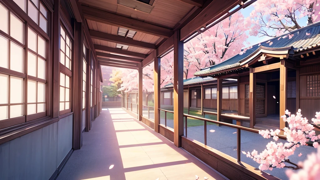 (masterpiece), best quality, ultra detailed, anime background, school, hallway, Japanese high school, sakura trees outside the window