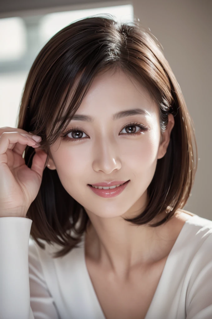 for website about beauty serum, somewhat intelligent look, res dress, best quality, highly detailed, ultra detailed, high resolution, absurdres, straight-on, a so beautiful japanese woman, 32 years old, applying beauty serum, looking at camera and smiling, minimalist white background, highly detailed, photorealistic, glowing skin, sophisticated, elegant, beautiful detailed eyes, beautiful detailed lips, extremely detailed eyes and face, long eyelashes, beautiful short black hair, warm smile, natural lighting, photorealistic, 8k, high quality, detailed portrait, elegant, refined, intellectual, key Light,close_up, lying down, like so young