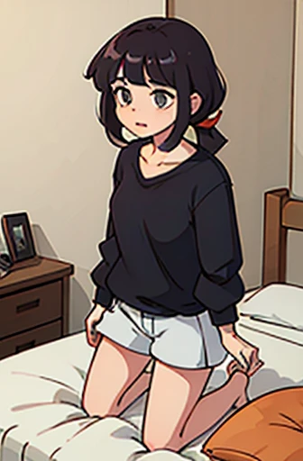 Girl with black hair showing her panties to the camera , looking at the camera,  corada,  calcinha branca transparente dando pra ver sua vagina, buceta, private part, opening your legs towards the camera, usando uma regata e uma saia, em um quarto, sentada no canto da cama