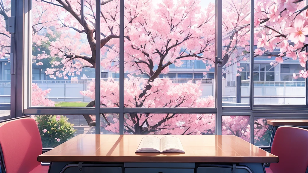 (masterpiece), best quality, ultra detailed, anime background, school, high school, sakura trees outside the window
