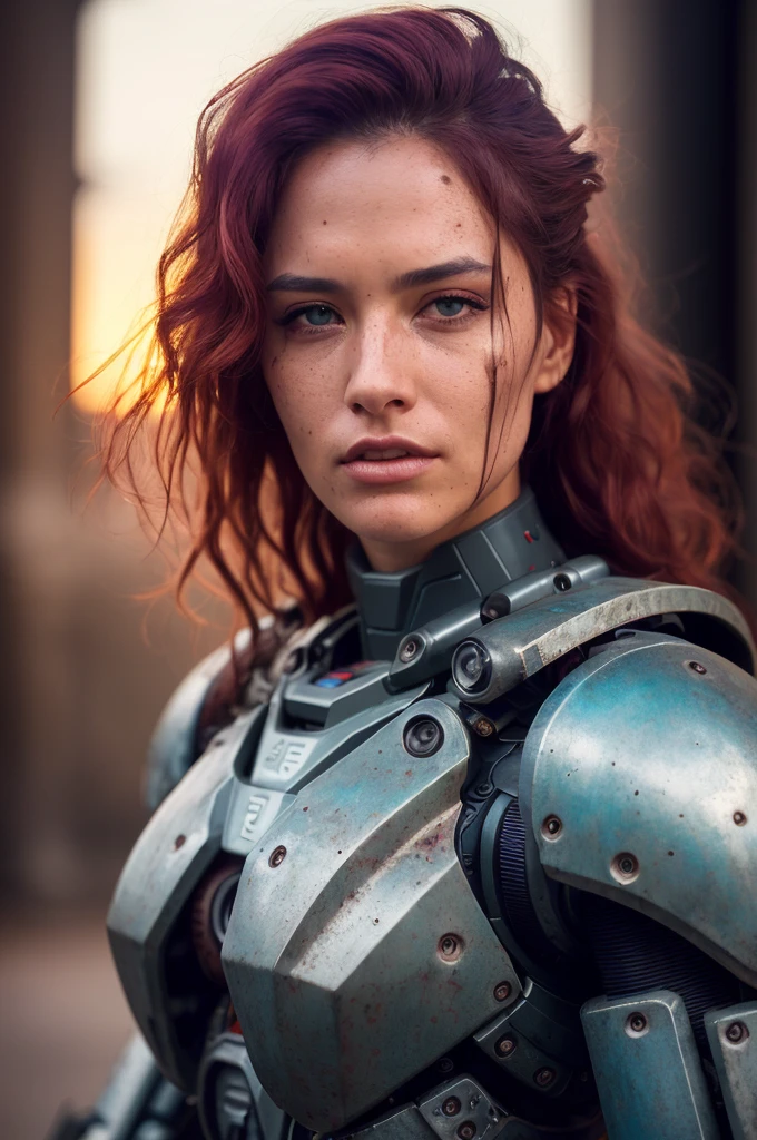 beautiful college girl in a hulking hydraulic biomechanical exoskeleton armored robot, sunset, sweaty, post-apocalyptic, long hair, cyberpunk, hyper detailed, detailed face (background inside dark, moody, private study:1.3) (full body:1.2) POV, by lee jeffries, nikon d850, film stock photograph ,4 kodak portra 400 ,camera f1.6 lens ,rich colors ,hyper realistic ,lifelike texture, dramatic lighting , cinestill 800,