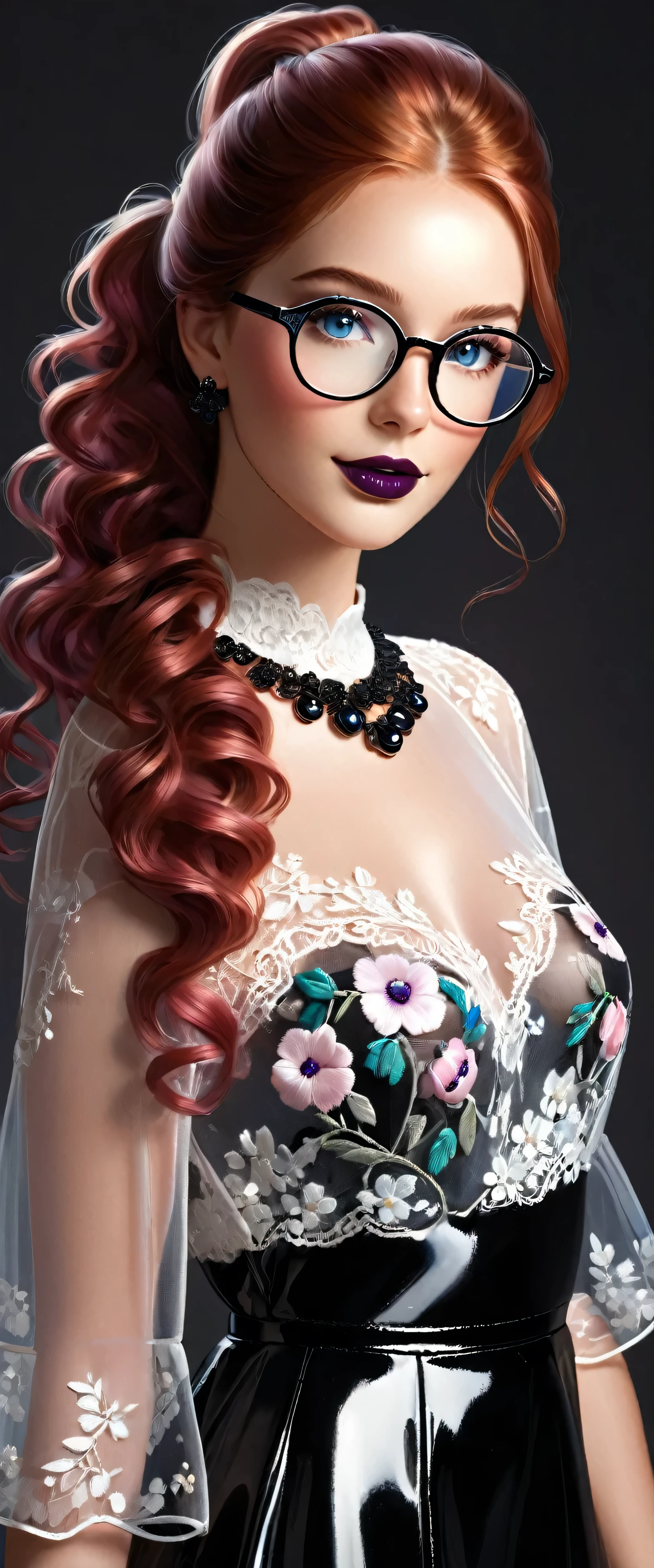 beautiful young woman, ig model, render of april, (wide angle, all body shot, standing:1.6), (masterpiece, professional lighting, 16k, 8k wallpaper, raw photo, photorealistic: 1.8, ultra-detailed, natural soft lighting, detailed skin, detailed face, detailed eyes, textured skin),(ultra realistic).
BREAK
Photo, top quality, (Ultra detailed face and eyes: 1.0) ,(large breast: 1.0), (25 year old woman).
Beautiful girl with blue eyes, wearing small round glasses,(with glasses fine round),
CHEVEUX
Her hair of Spanish purple color, a woman with hair adorned with colorful reflections, Beautiful redhead with blue eyes, ponytail, beautiful, sexy , smiling,Curly hair falling on the shoulders,a necklace, glamour accessories.
MAQUIAGE
((intense eye makeup, pink mascara),(detailed fake lips)), glossy black lipstick, black lipstick, dark lipstick, sexy lips:5 elegant and dark lips, with shiny black lips, sexy lips, shiny lips, luscious lips, black lips.
PAUSE
Layer with a sheer white organza blouse featuring elegant floral embroidery.
Opt for a black lace skirt to enhance feminine charm.
ACCESSOIRE
Accessorize subtly with silver chain bracelets and hoop earrings for an elegant touch.
Complete the look with black patent leather flat shoes featuring transparent PVC panels for graceful footwear.